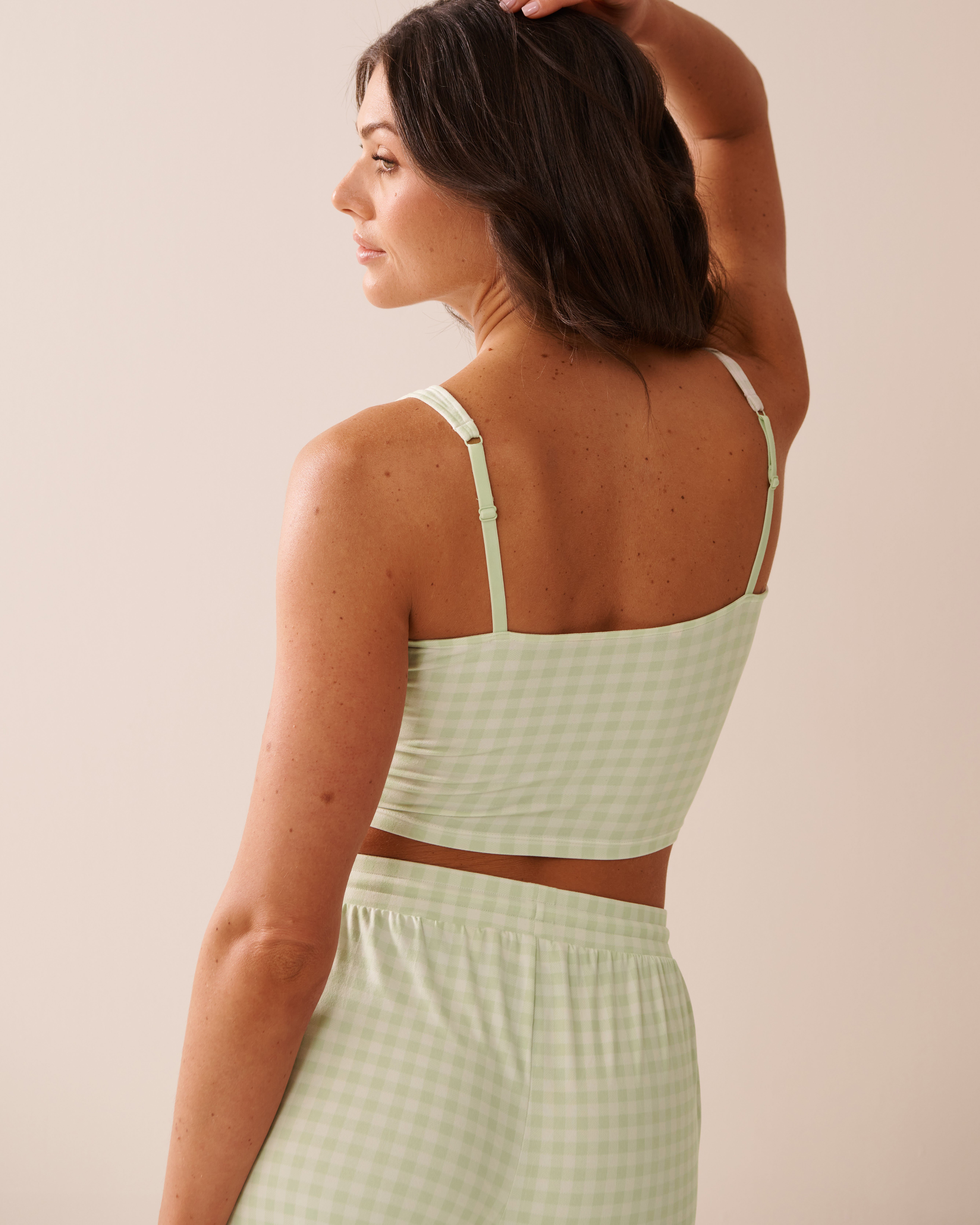 LA VIE EN ROSE Gingham Print Super Soft Crop Cami Green Gingham 40100737 - View2