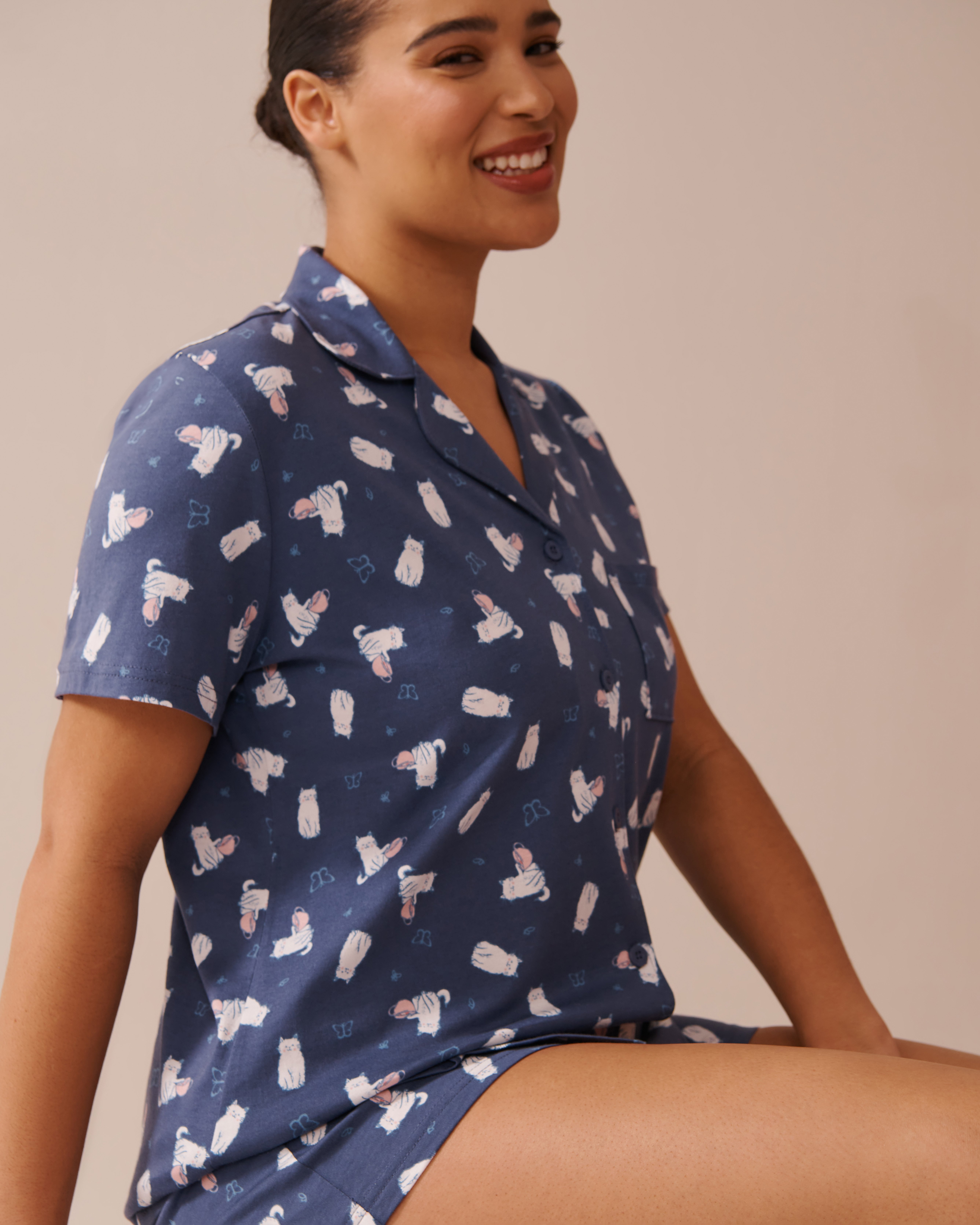 LA VIE EN ROSE Cat Print Shirt PJ Set Indigo Blue/Cats 40400081 - View3