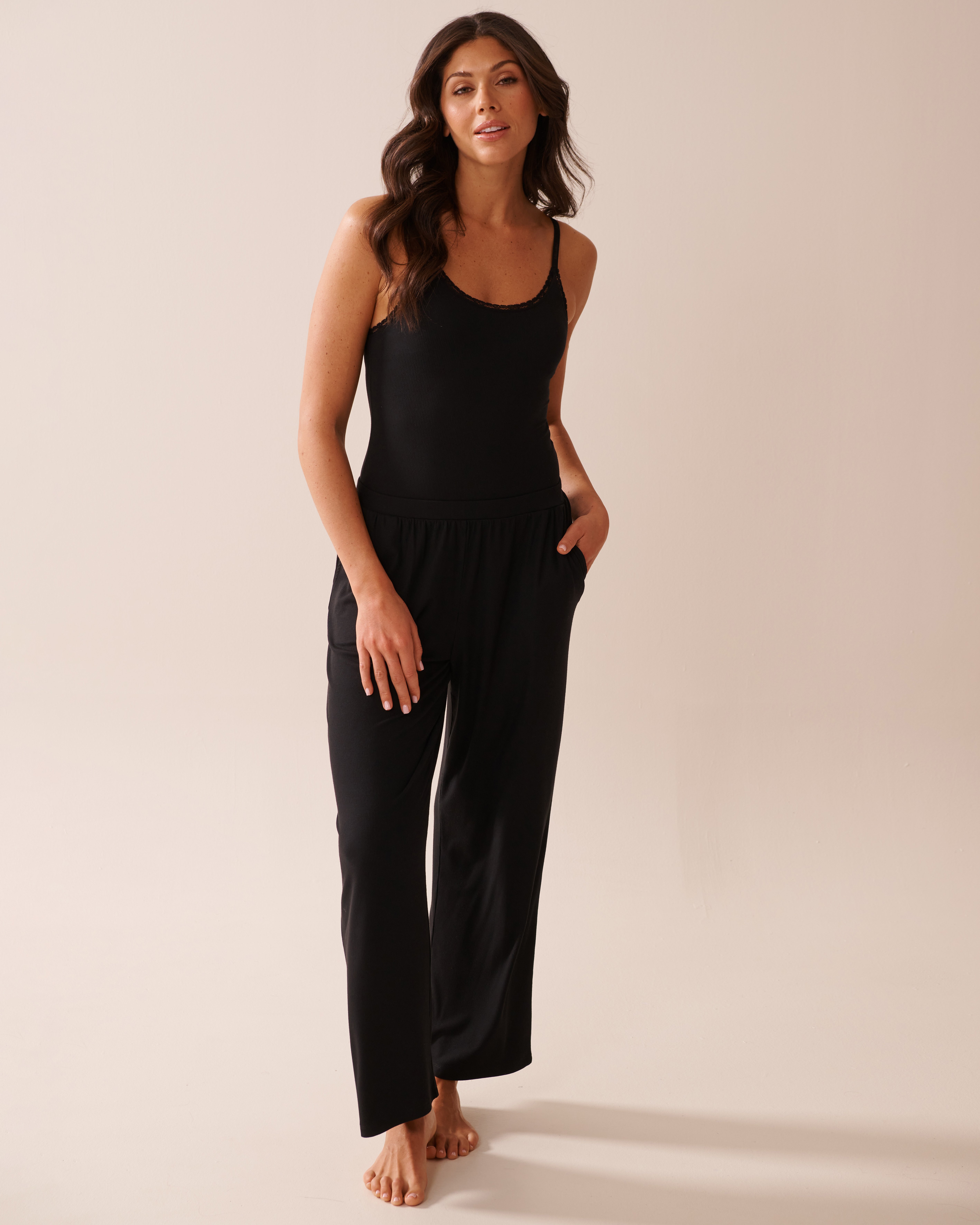 LA VIE EN ROSE Ribbed Modal and Lace Trim Bodysuit Black 60300103 - View5