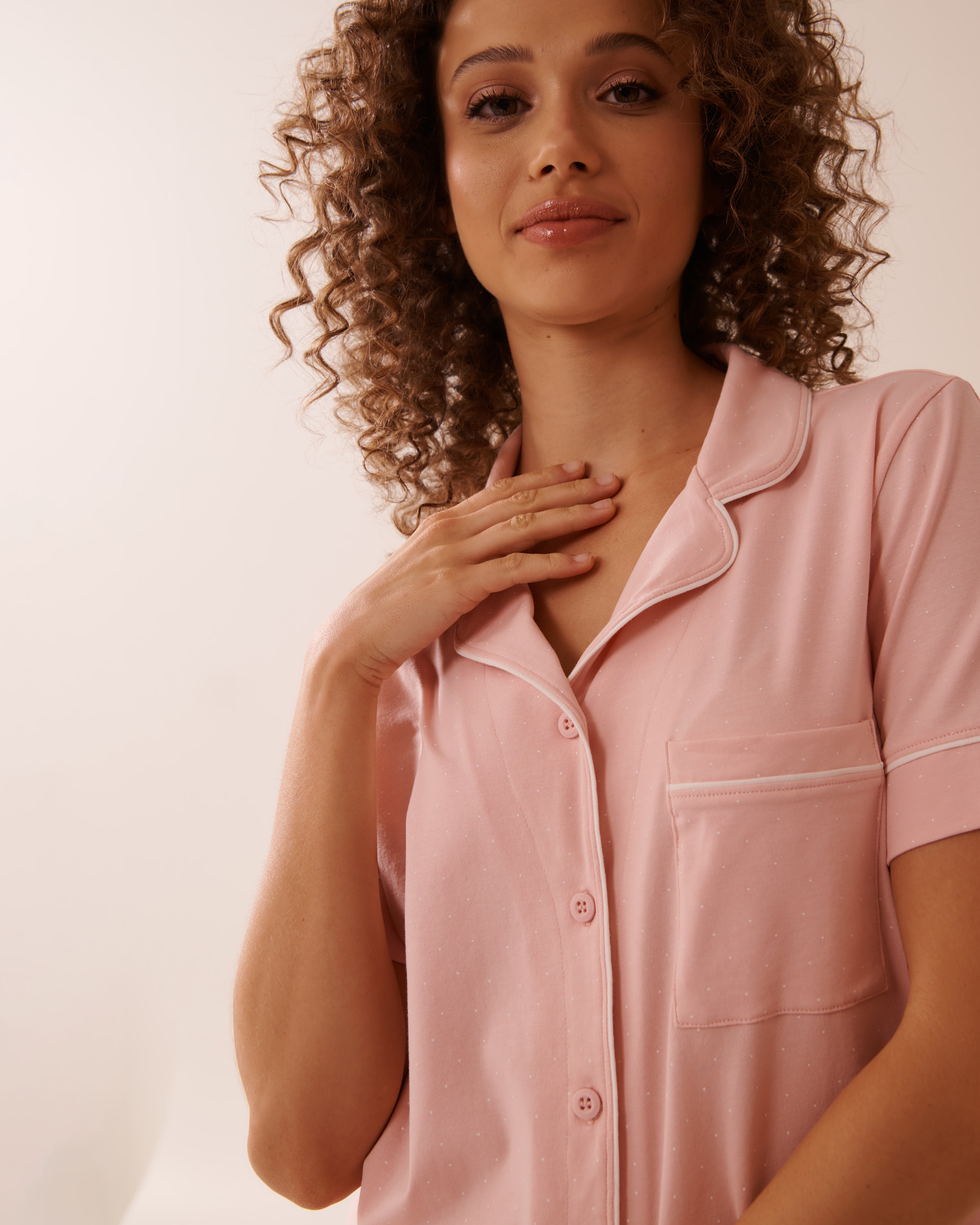 LA VIE EN ROSE Cotton Short Sleeve Button-down Shirt Pink & White Polka Dot 40100728 - View3