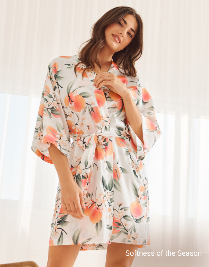 Mannequin in peach-print satin kimono