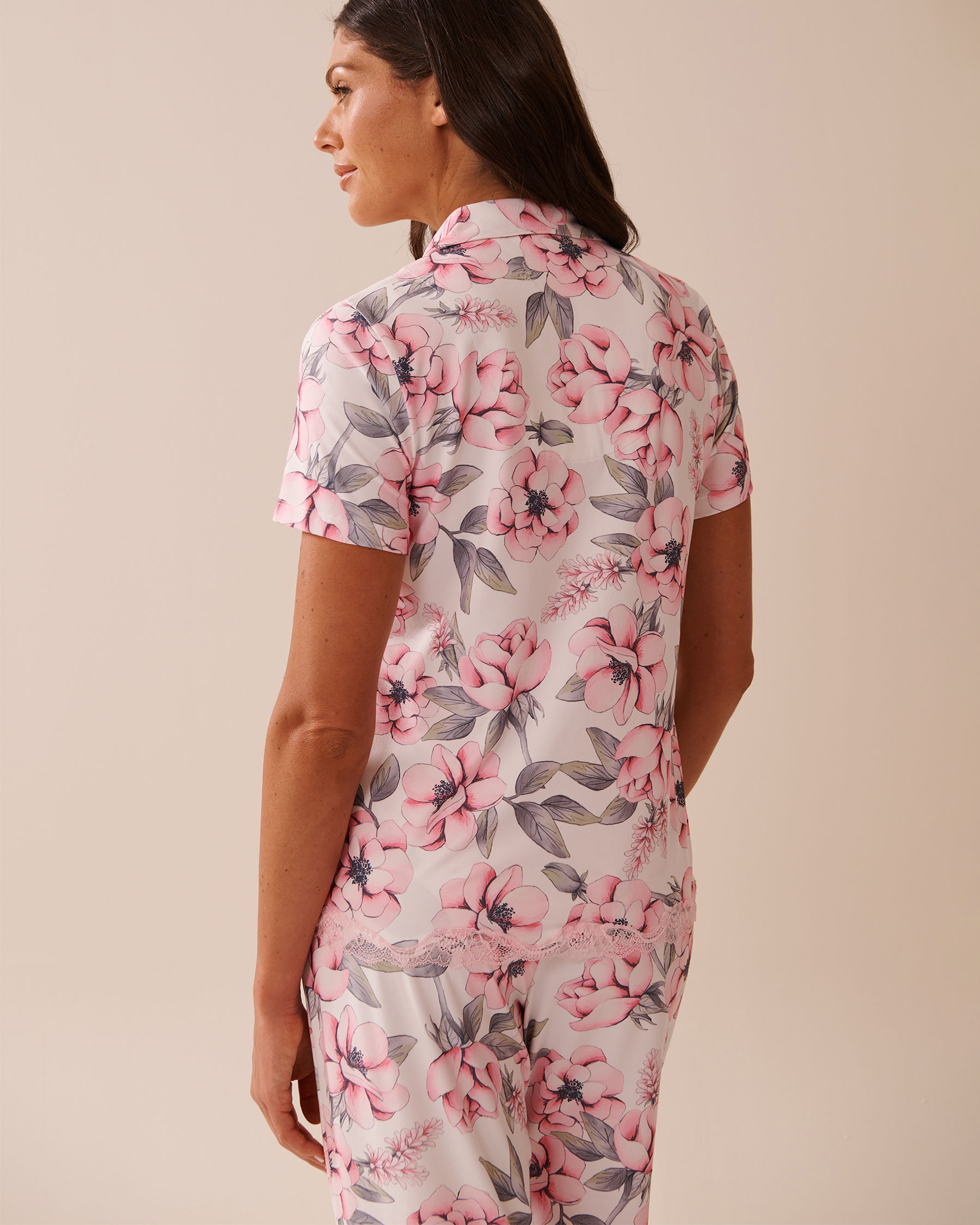 Camellia Print Lace Trim Super Soft Button-down Shirt