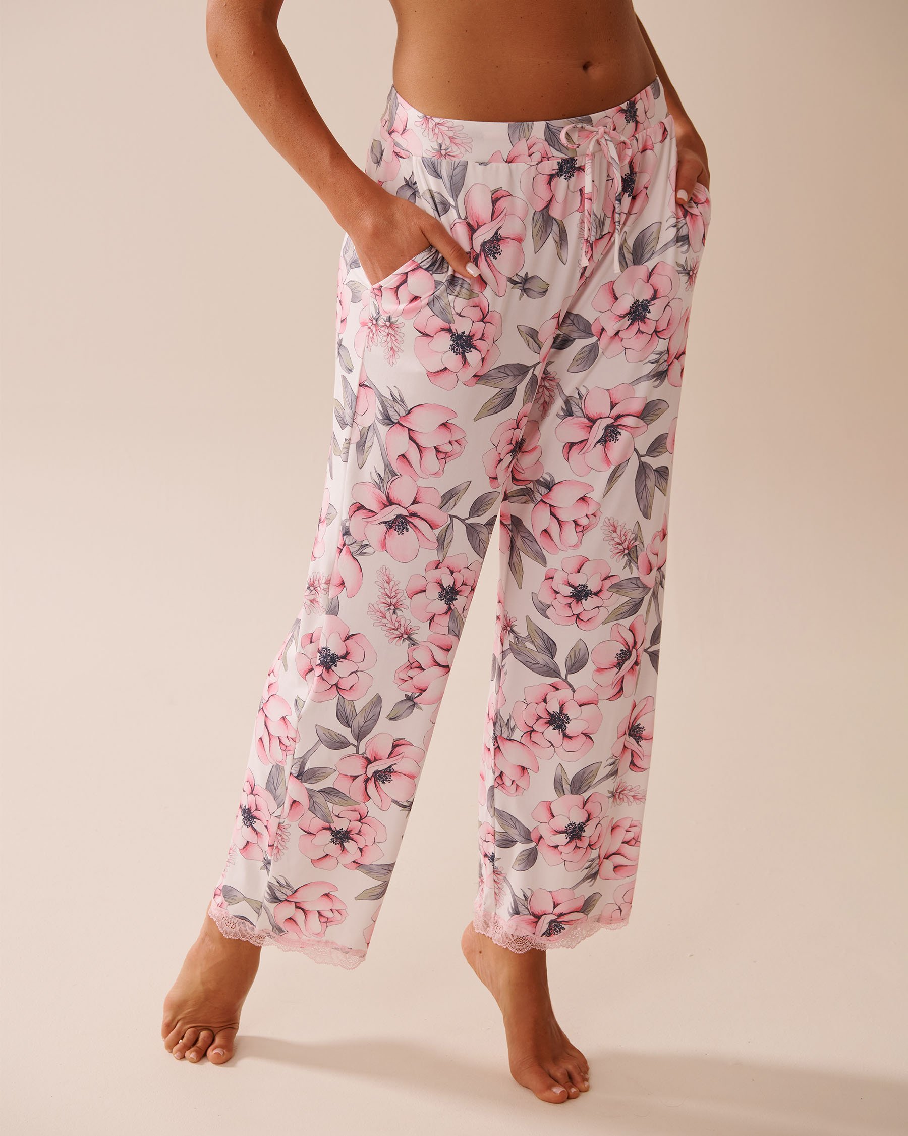 Camellia Print Lace Trim Super Soft Pajama Pants