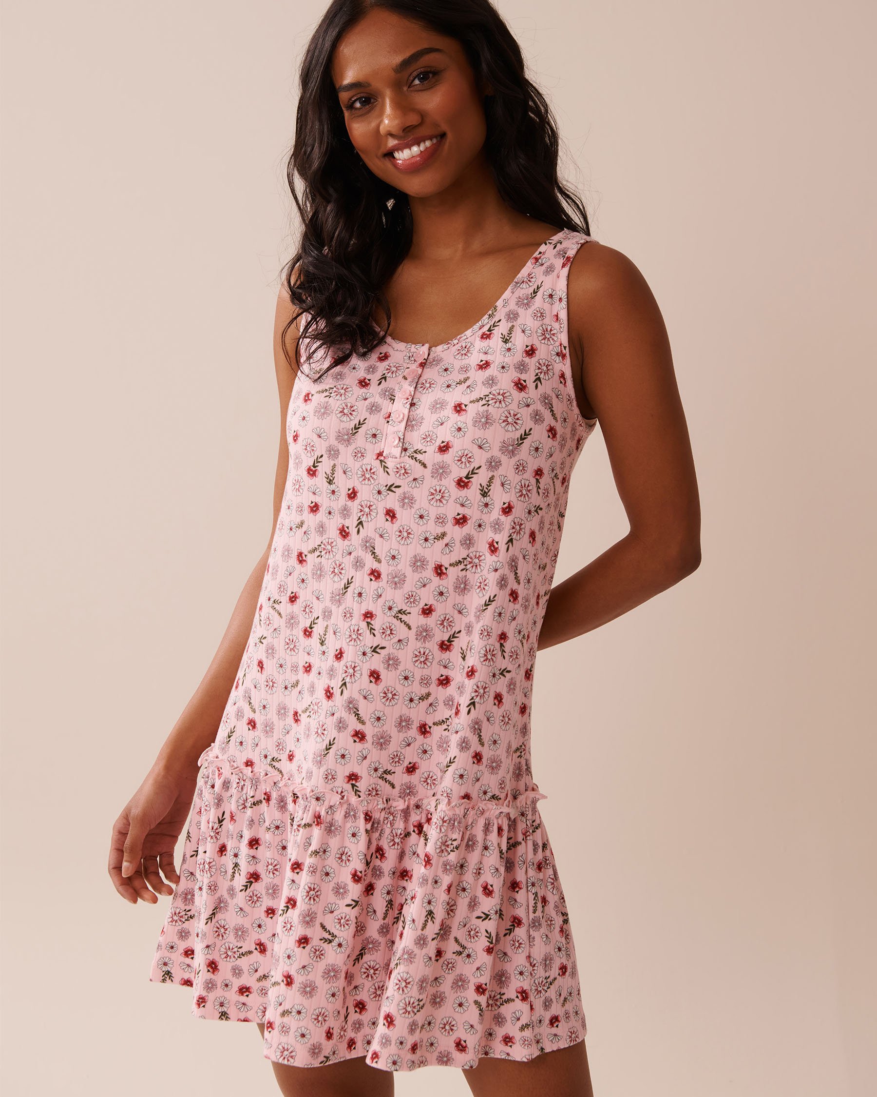 Pink Floral Print Ribbed Jersey Nightie