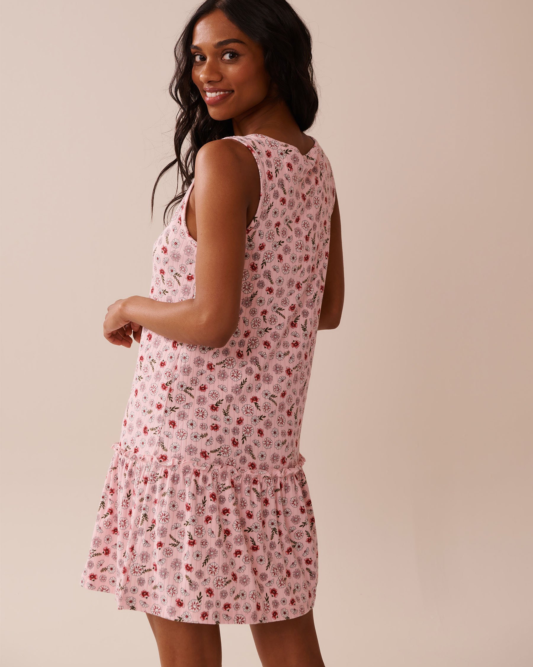 Pink Floral Print Ribbed Jersey Nightie
