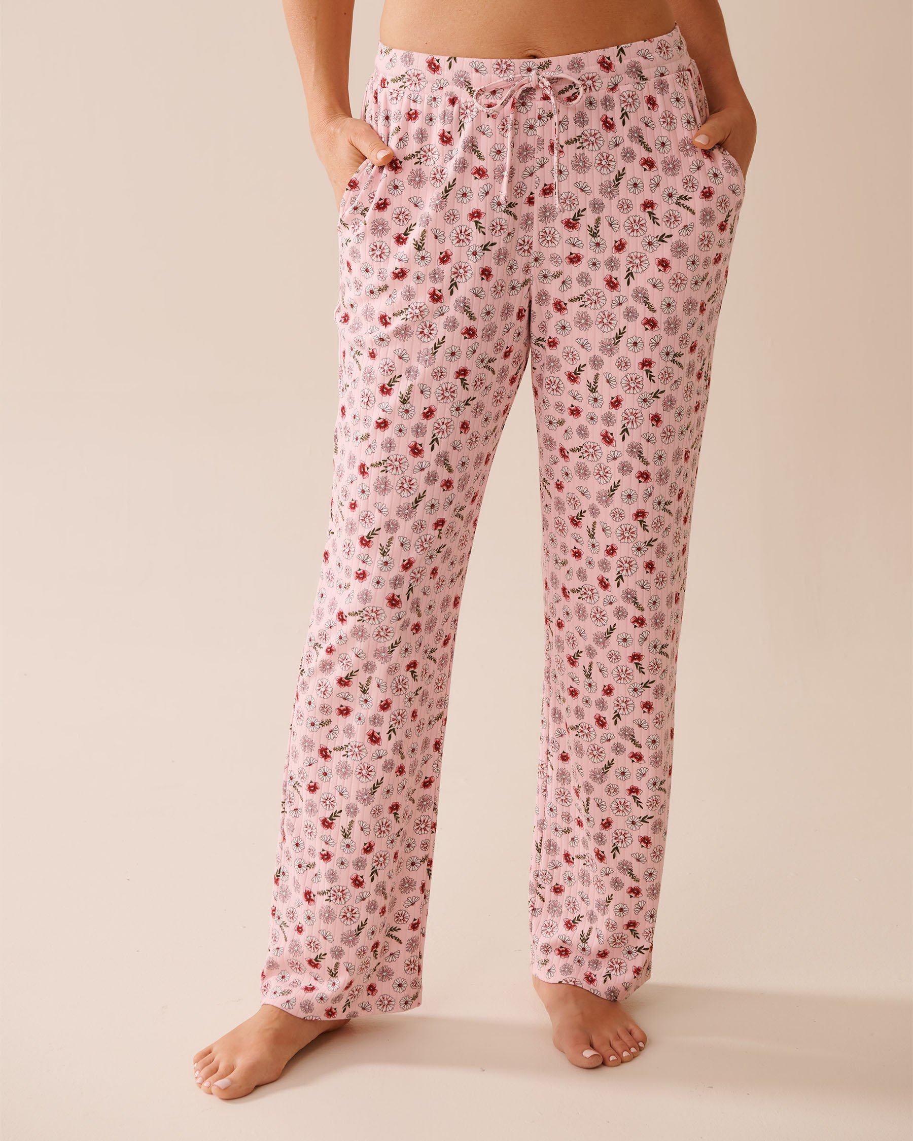 Pink Floral Print Ribbed Jersey Pajama Pants