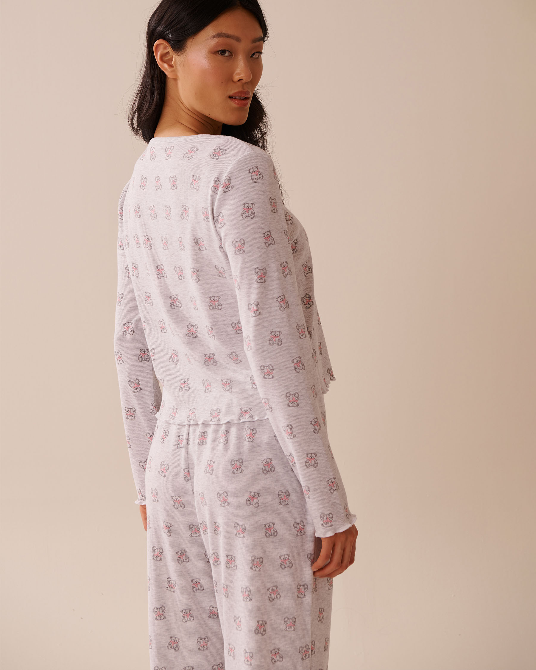 Teddy Bear Print Ribbed Long Sleeve Shirt