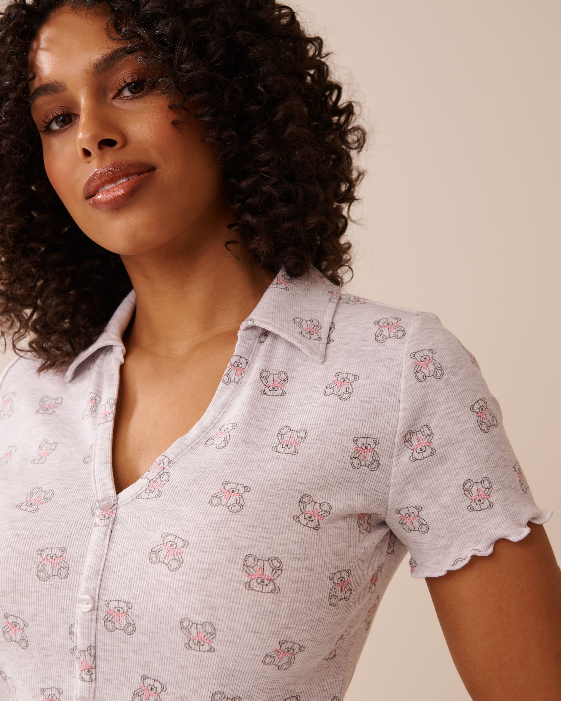 Teddy Bear Print Ribbed Short Sleeve Button-down Shirt