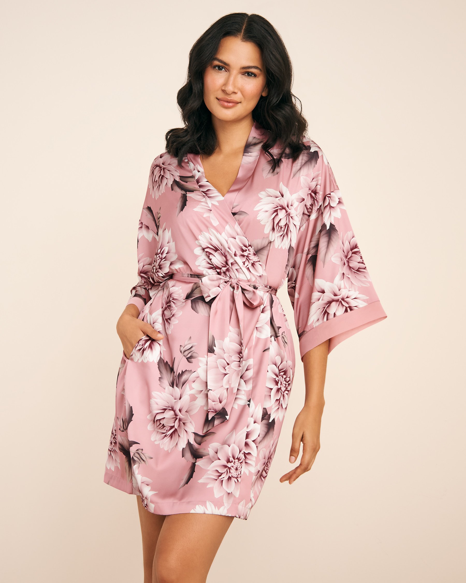 Dahlia Print Satin and Chiffon Kimono