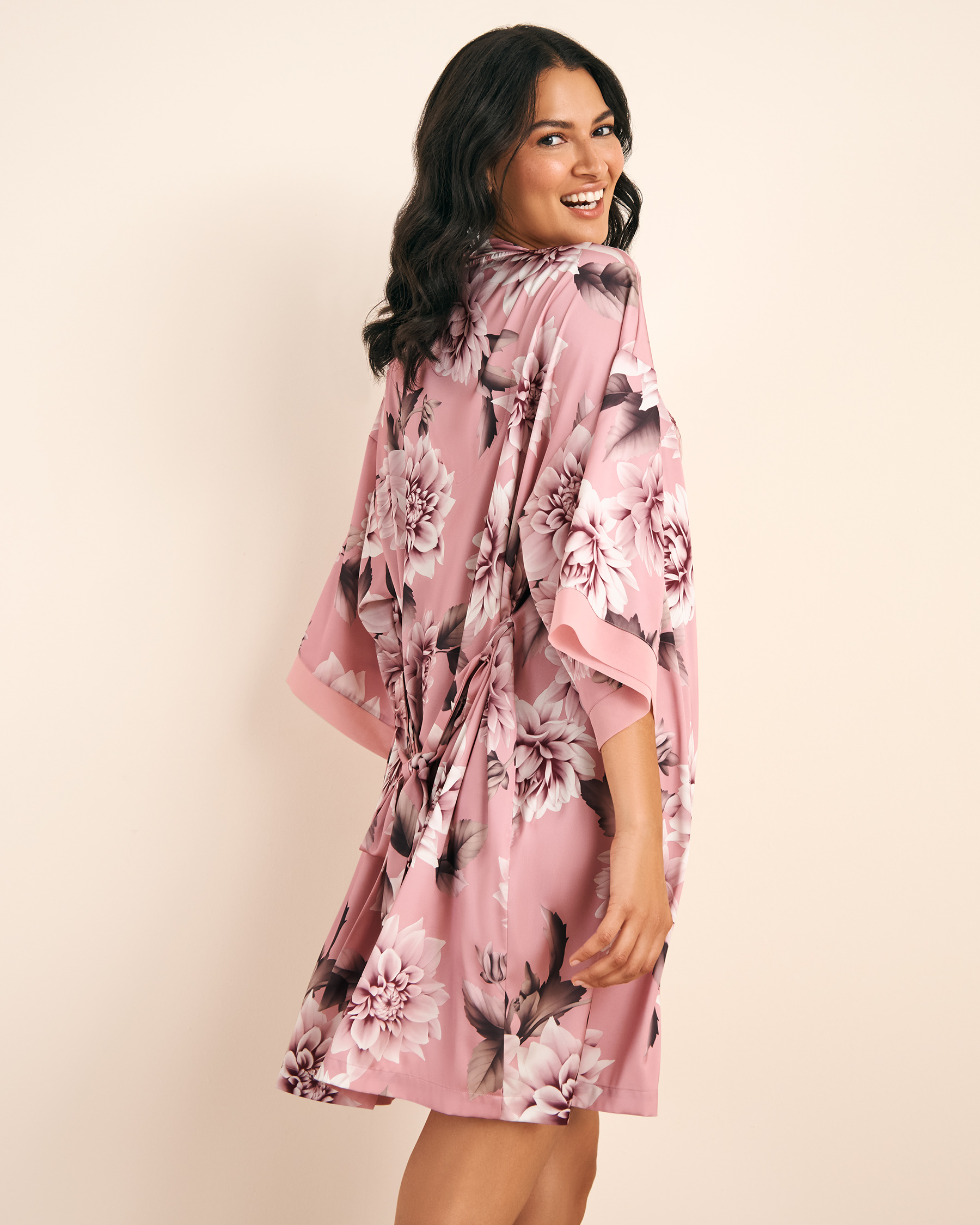 Dahlia Print Satin and Chiffon Kimono