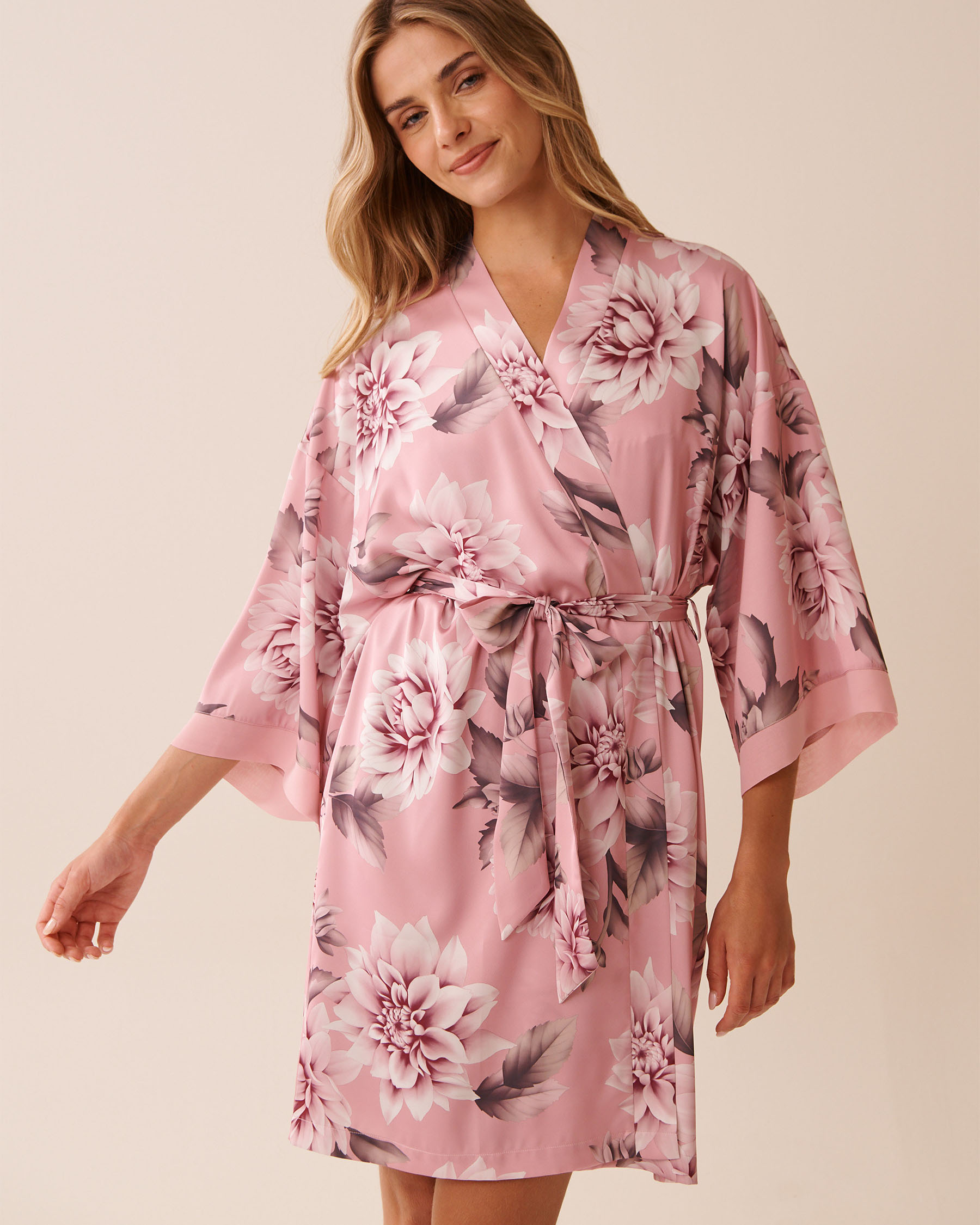 Dahlia Print Satin and Chiffon Kimono