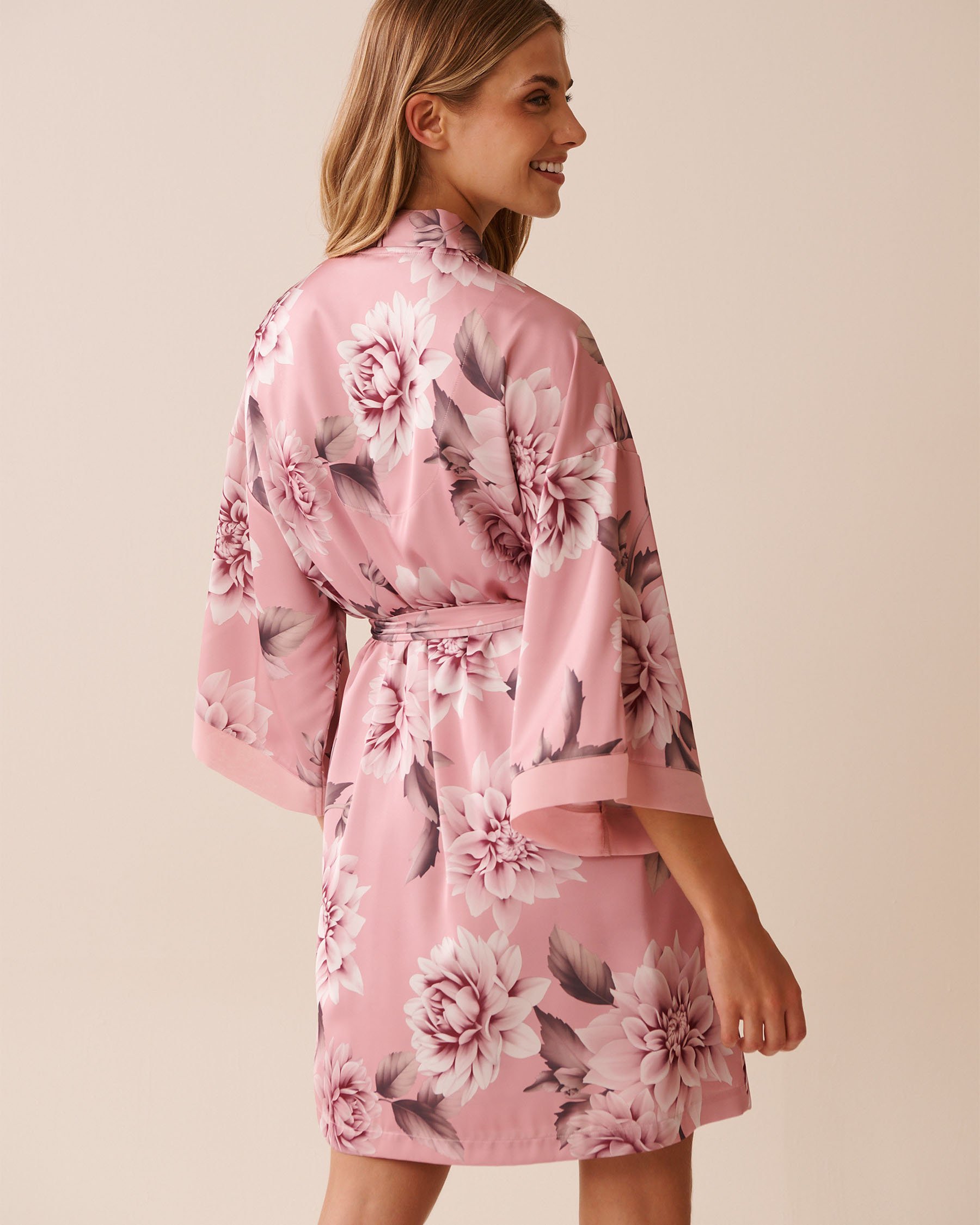 Dahlia Print Satin and Chiffon Kimono
