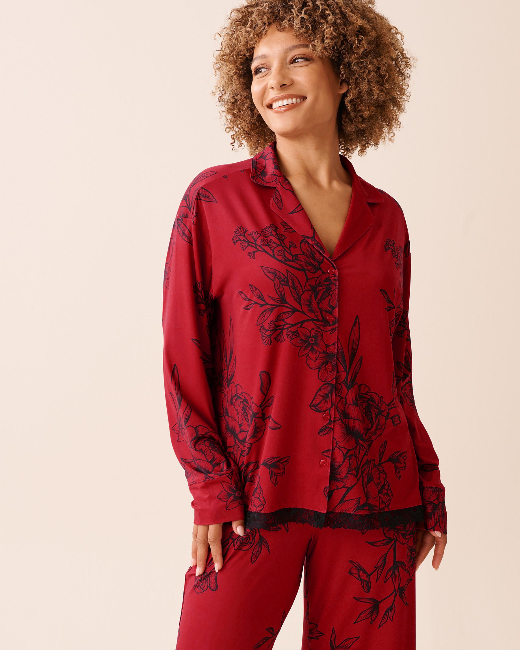 Crimson Bloom Recycled Fibers Lace Trim Button-down Shirt
