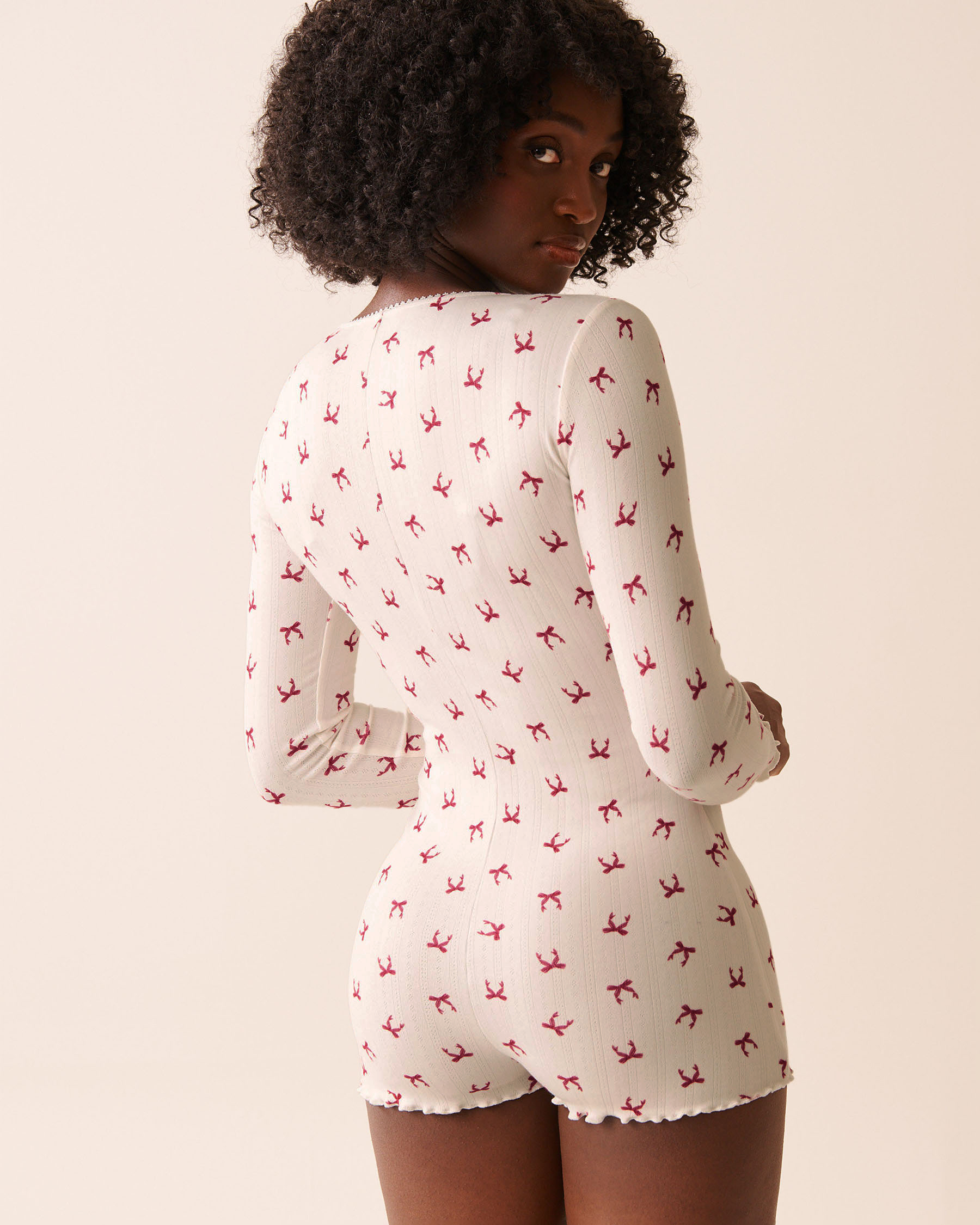 Red Bow Print Pointelle Long Sleeve Romper