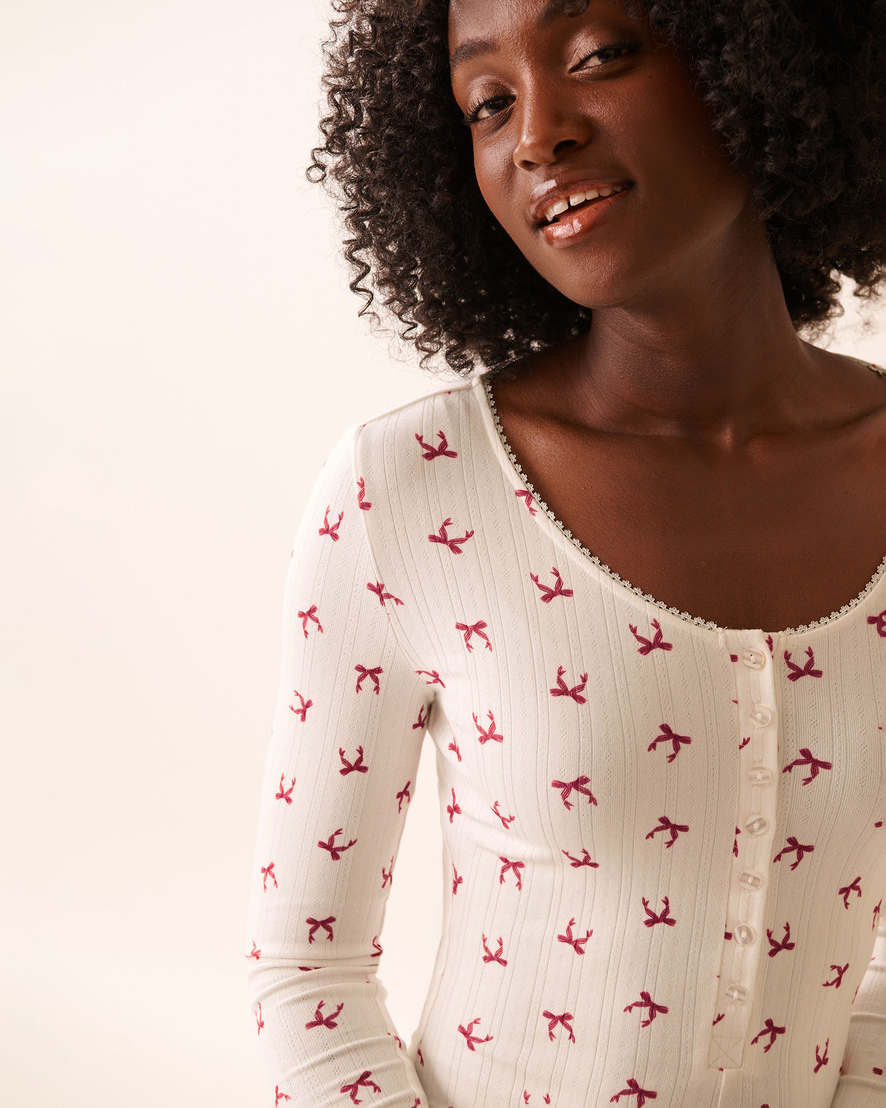 Red Bow Print Pointelle Long Sleeve Romper