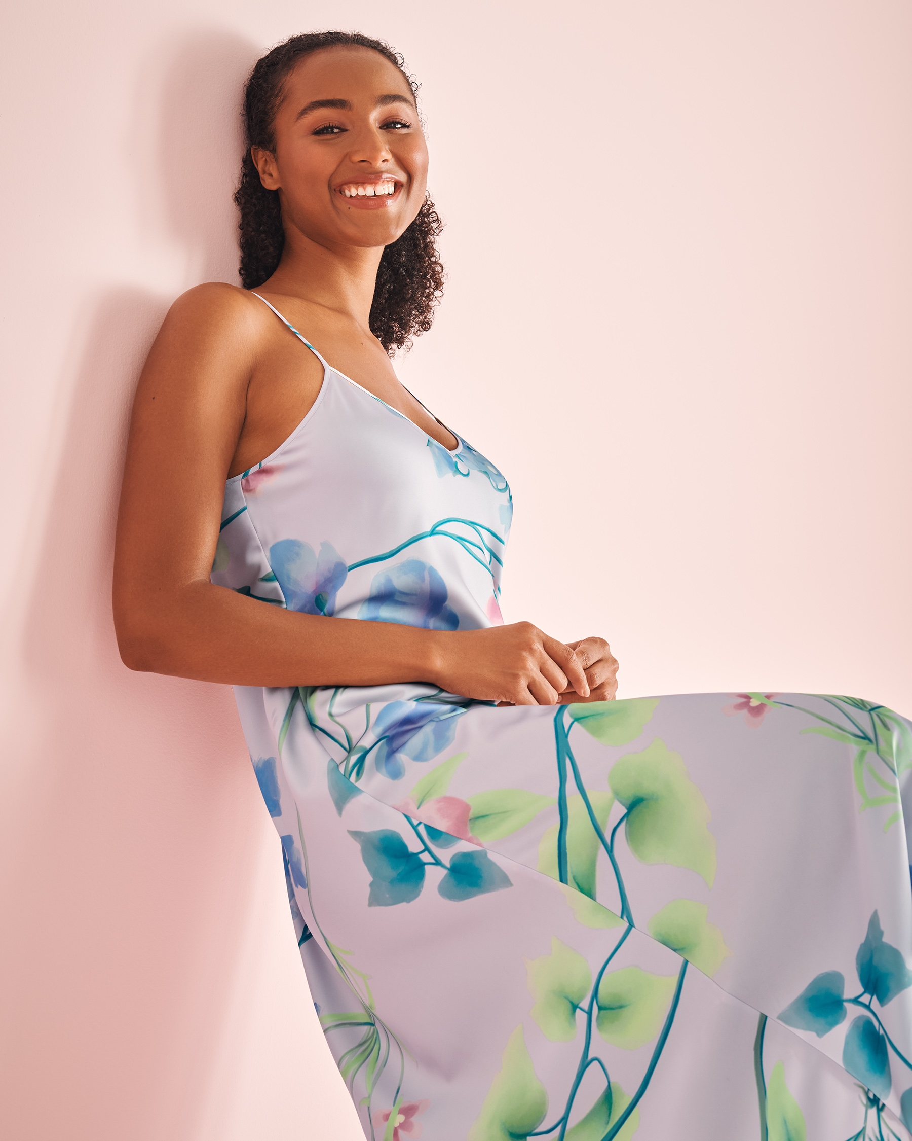 Lavender Garden Print Long Satin Nightie with Shelf Bra