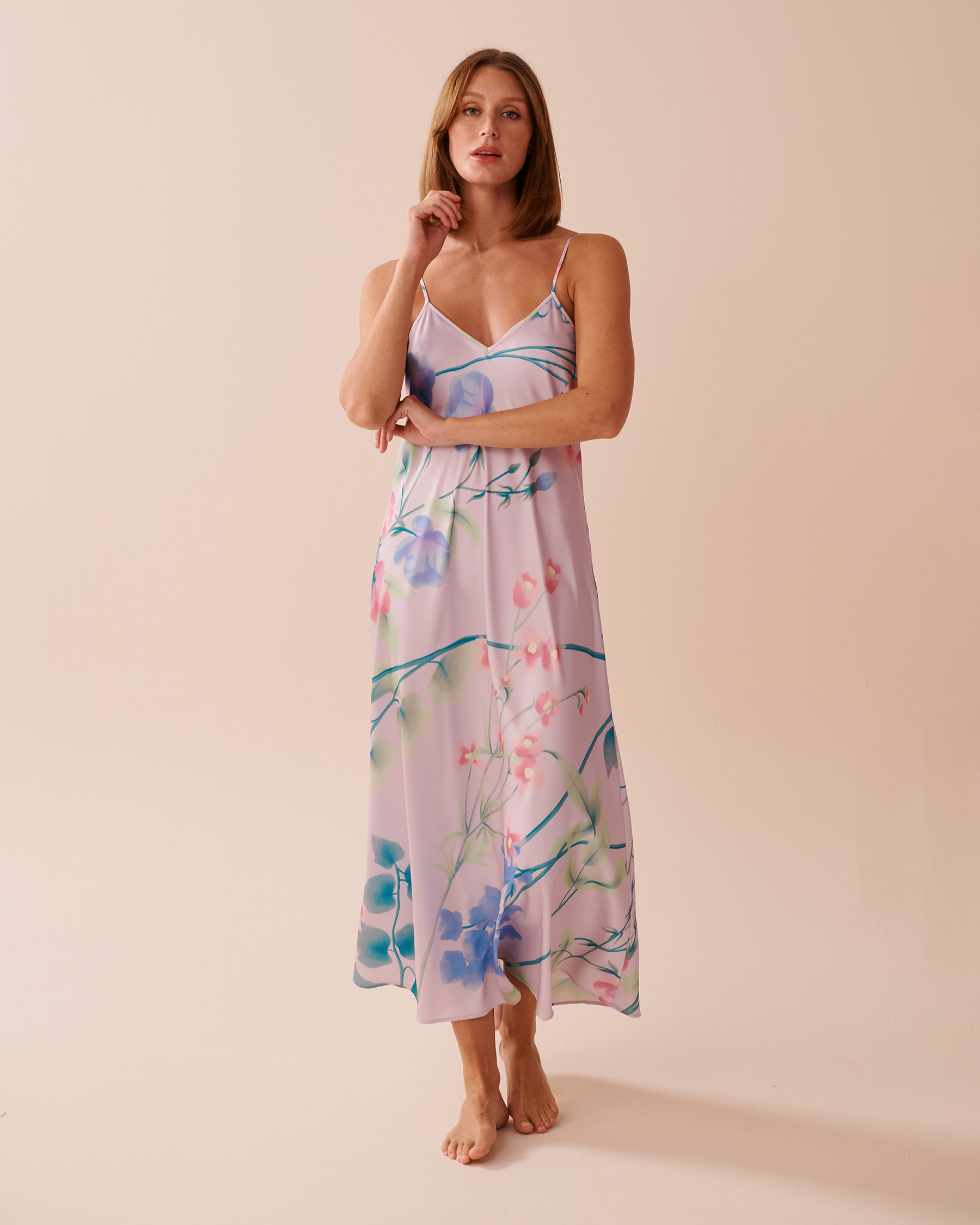 Lavender Garden Print Long Satin Nightie with Shelf Bra