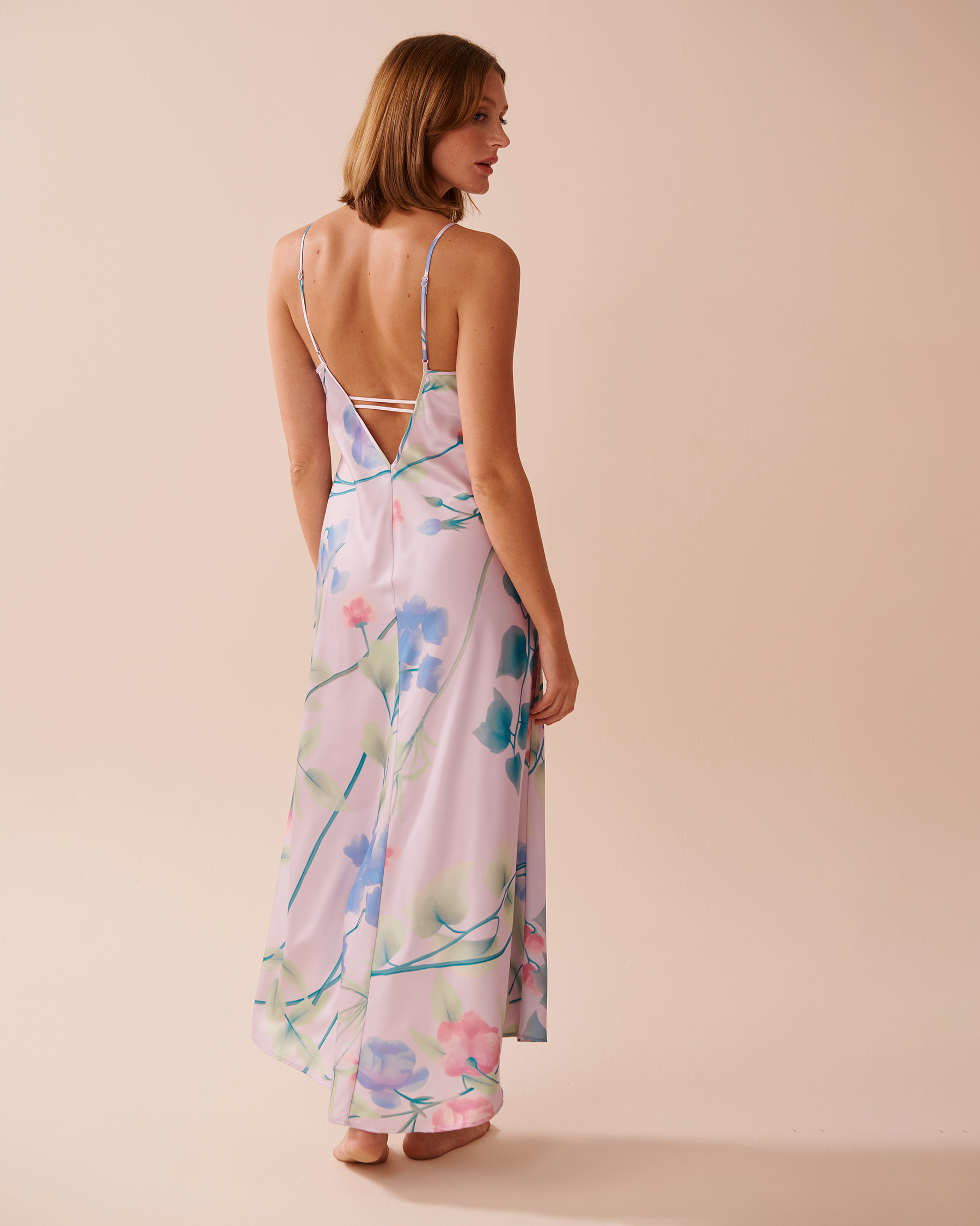 Lavender Garden Print Long Satin Nightie with Shelf Bra