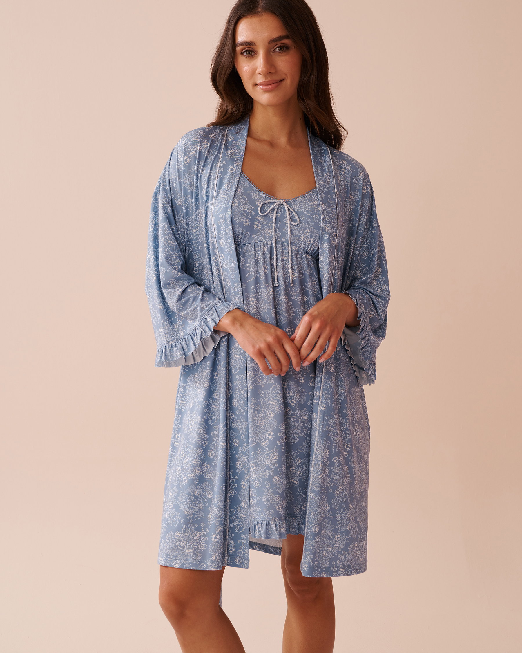 White Floral Print Recycled Fibers Ruffled Kimono