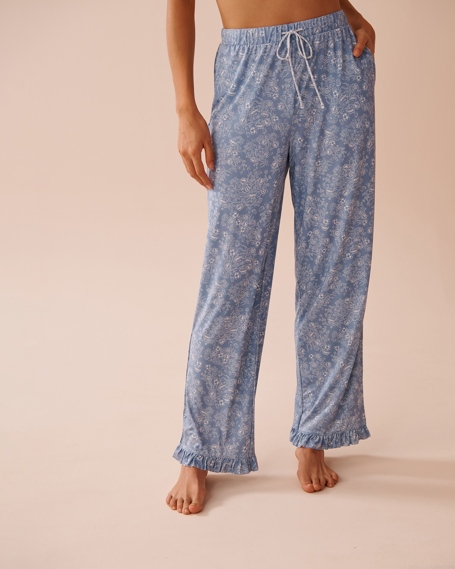 White Floral Print Recycled Fibers Ruffled Pants