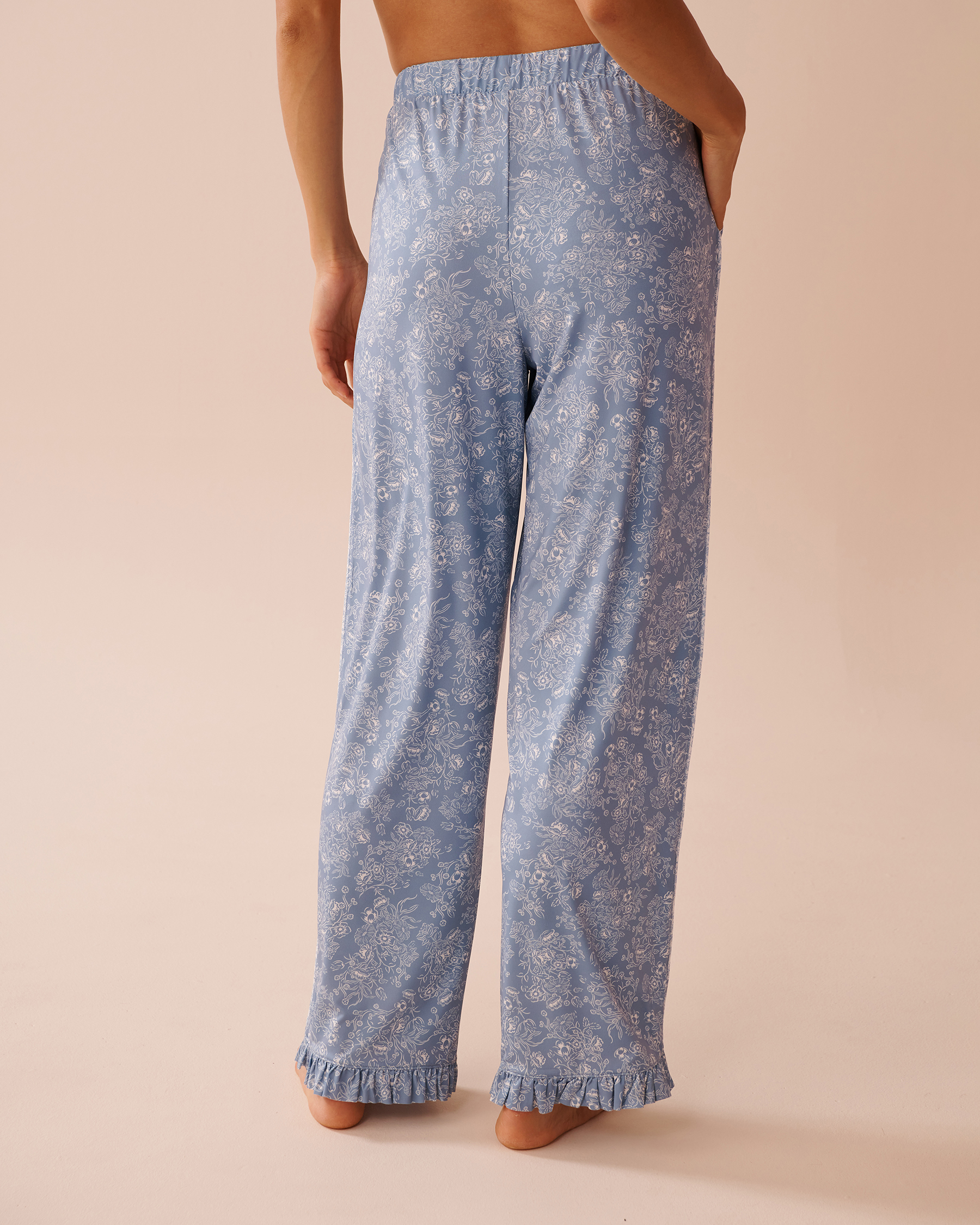 White Floral Print Recycled Fibers Ruffled Pants