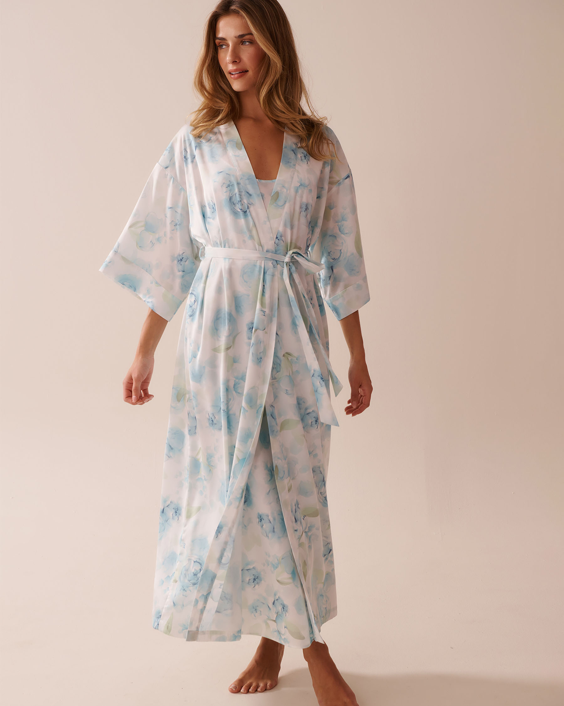 Blue Rose Print Long Satin Kimono