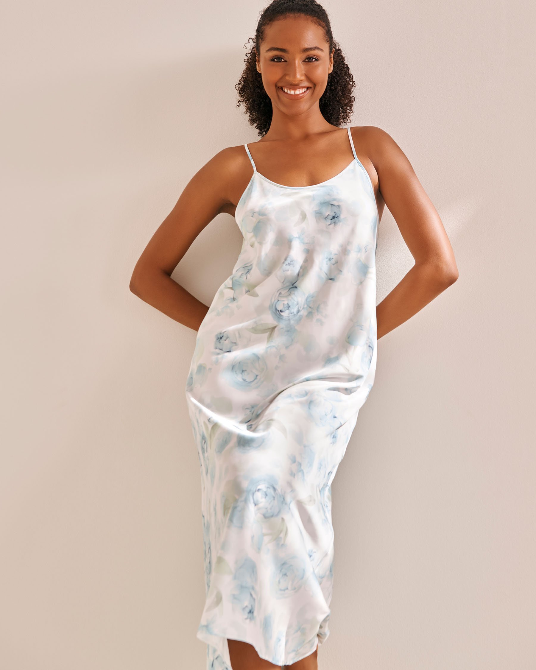 Blue Rose Print Long Satin Nightie