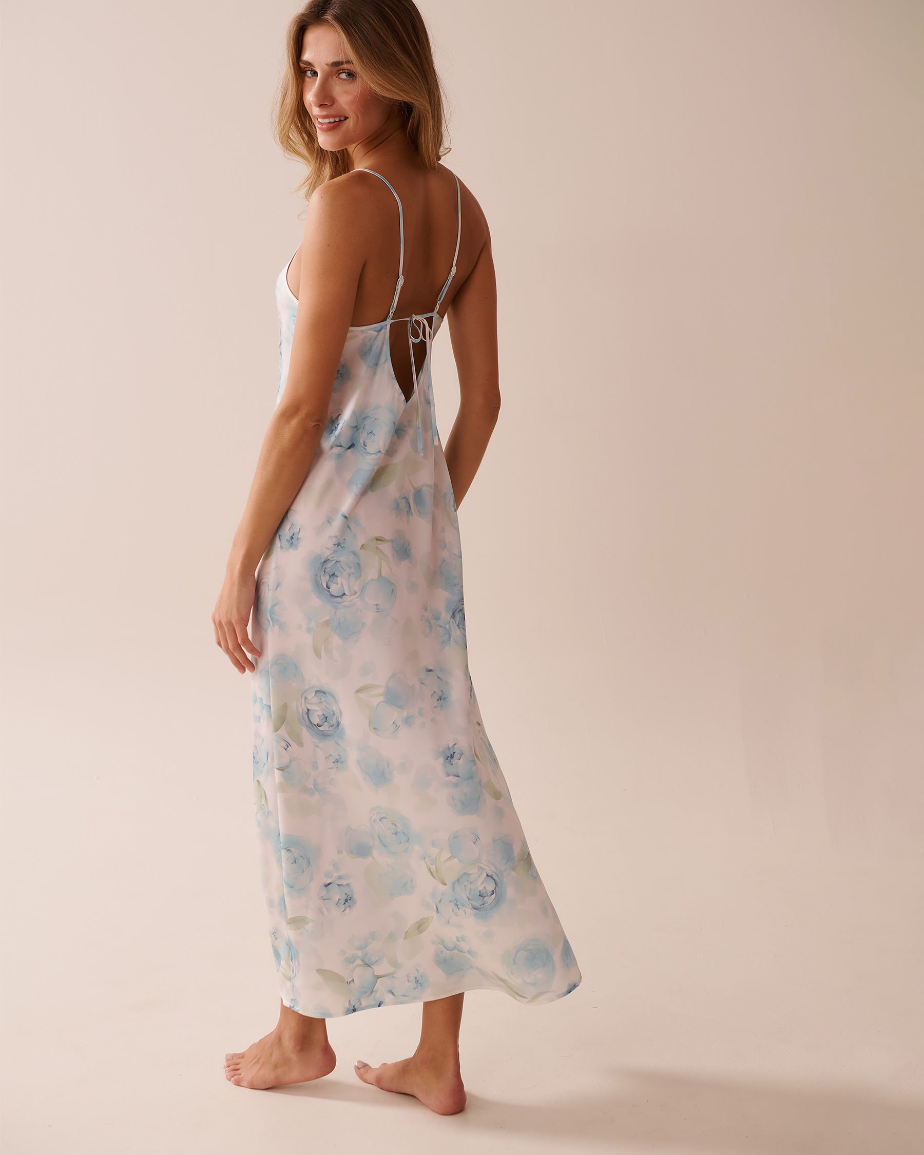 Blue Rose Print Long Satin Nightie