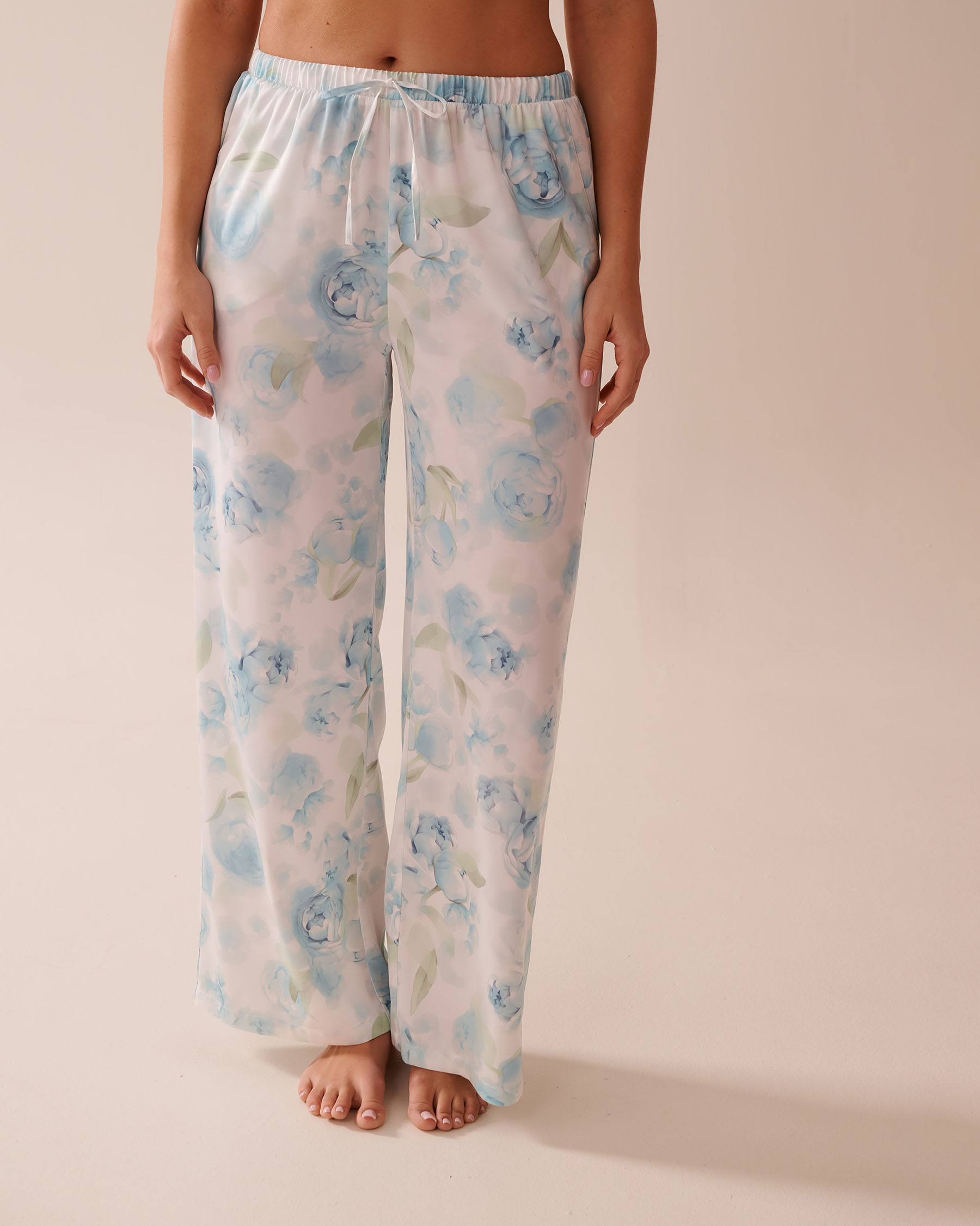 Blue Rose Print Satin Pants