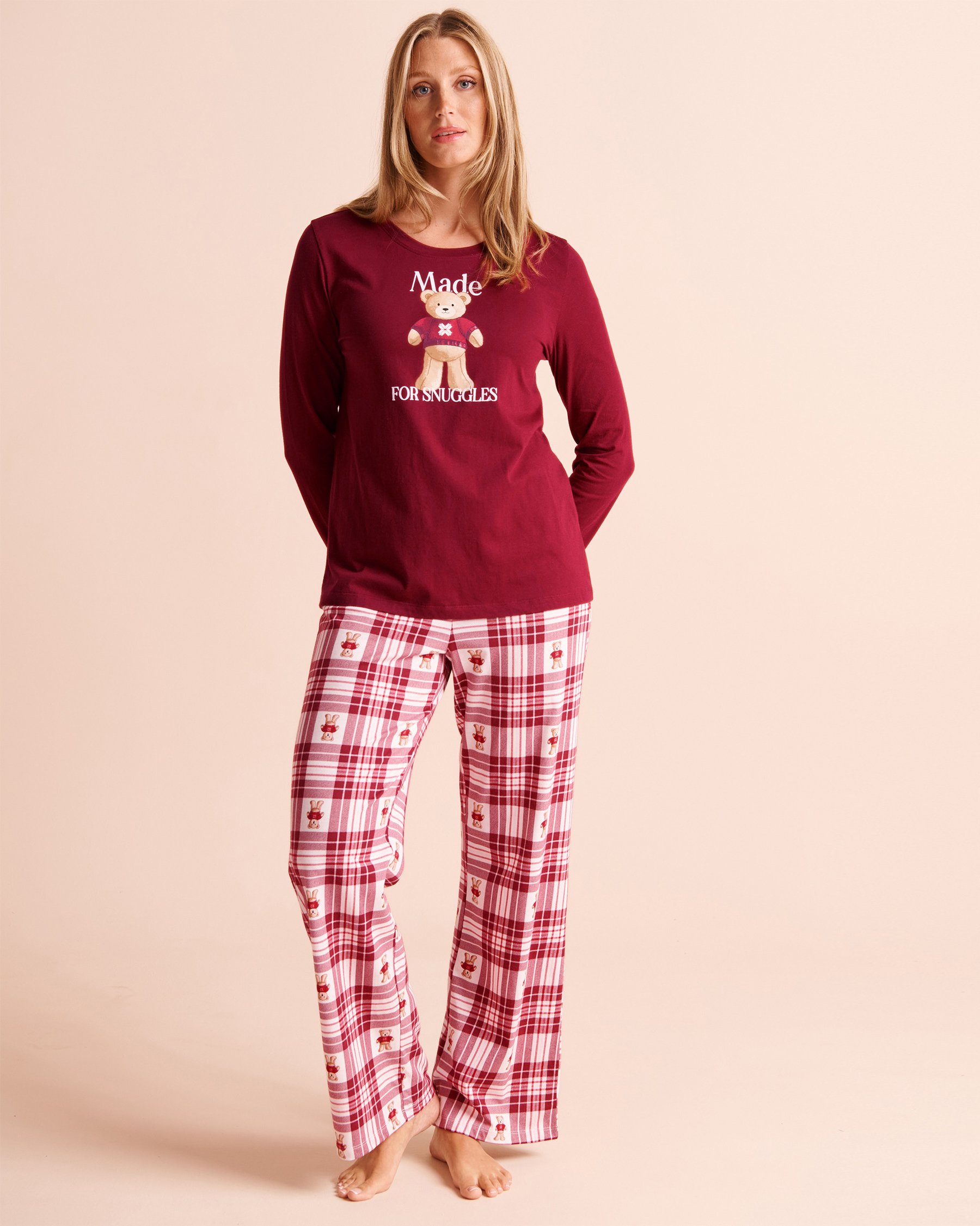 Bow & Plaid Print Cotton Pajama Set