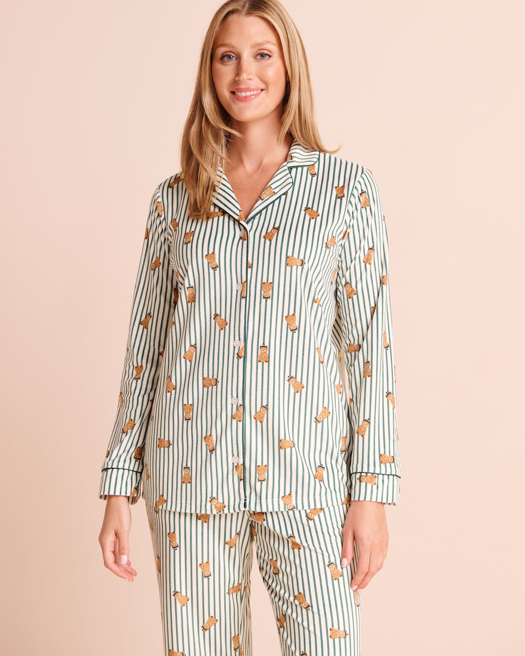 Bear Print Plush Velour Long Sleeve Button-down Shirt