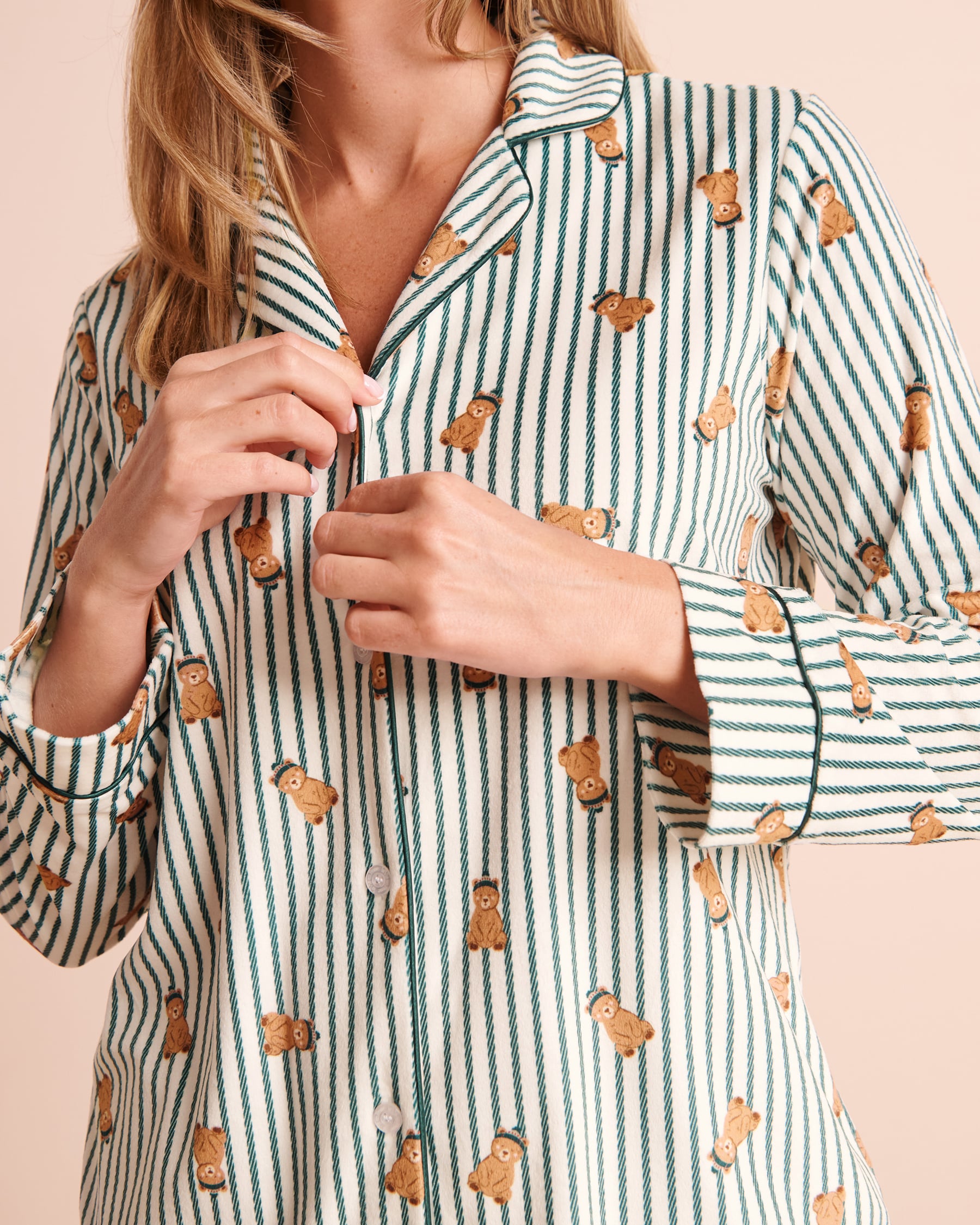 Bear Print Plush Velour Long Sleeve Button-down Shirt