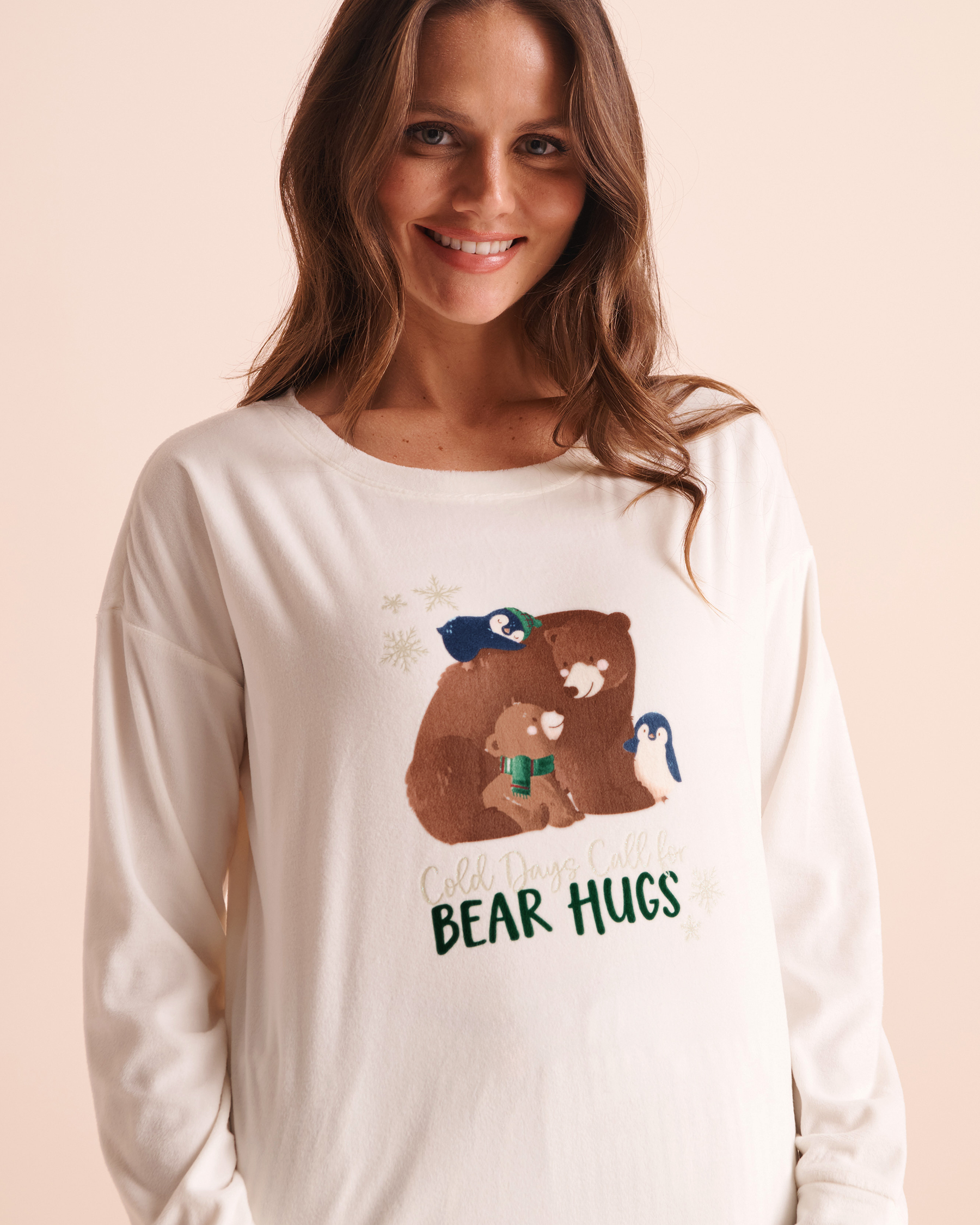 Bear Print Plush Velour Long Sleeve Shirt