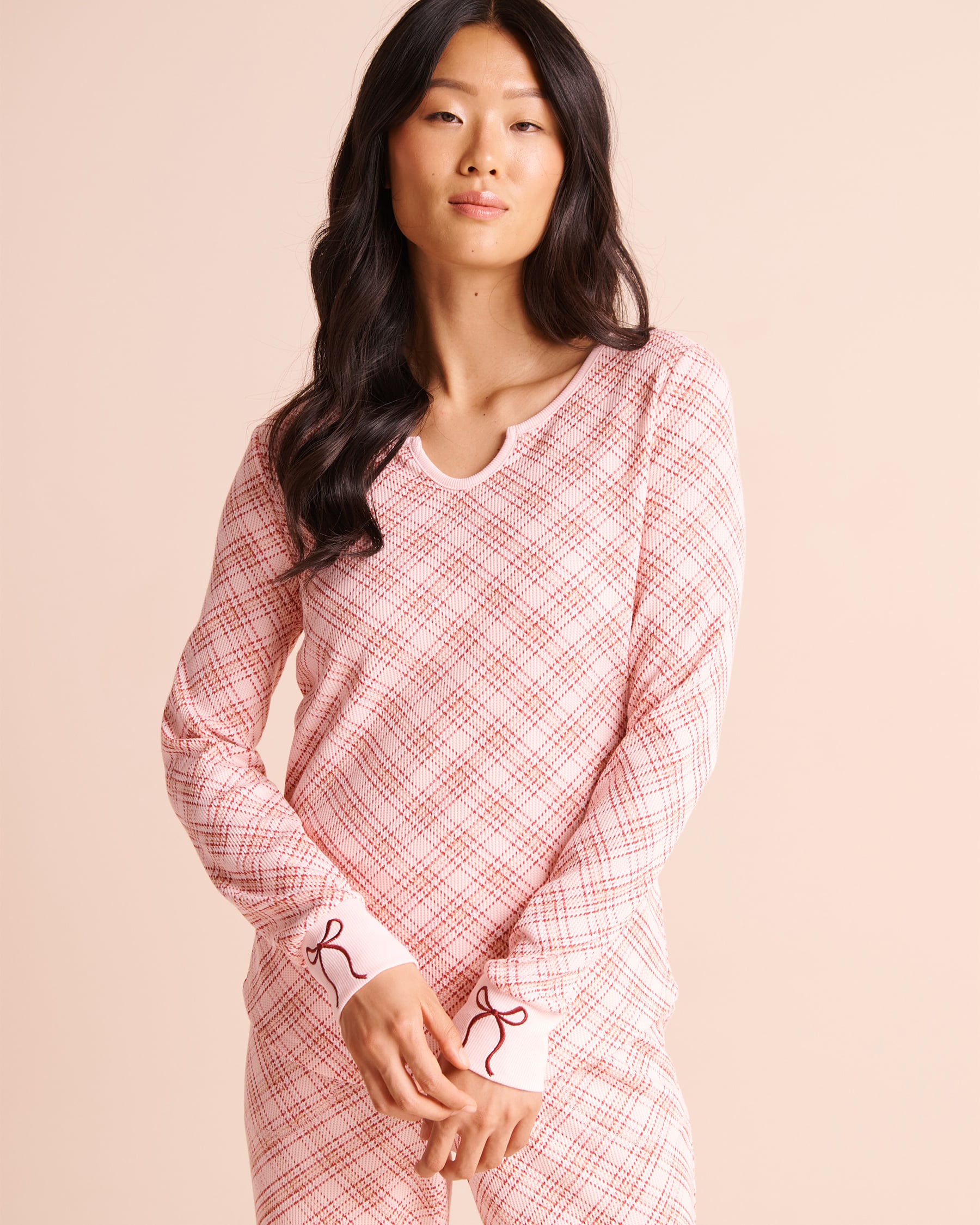 Pink Plaid Waffle Knit Long Sleeve Top