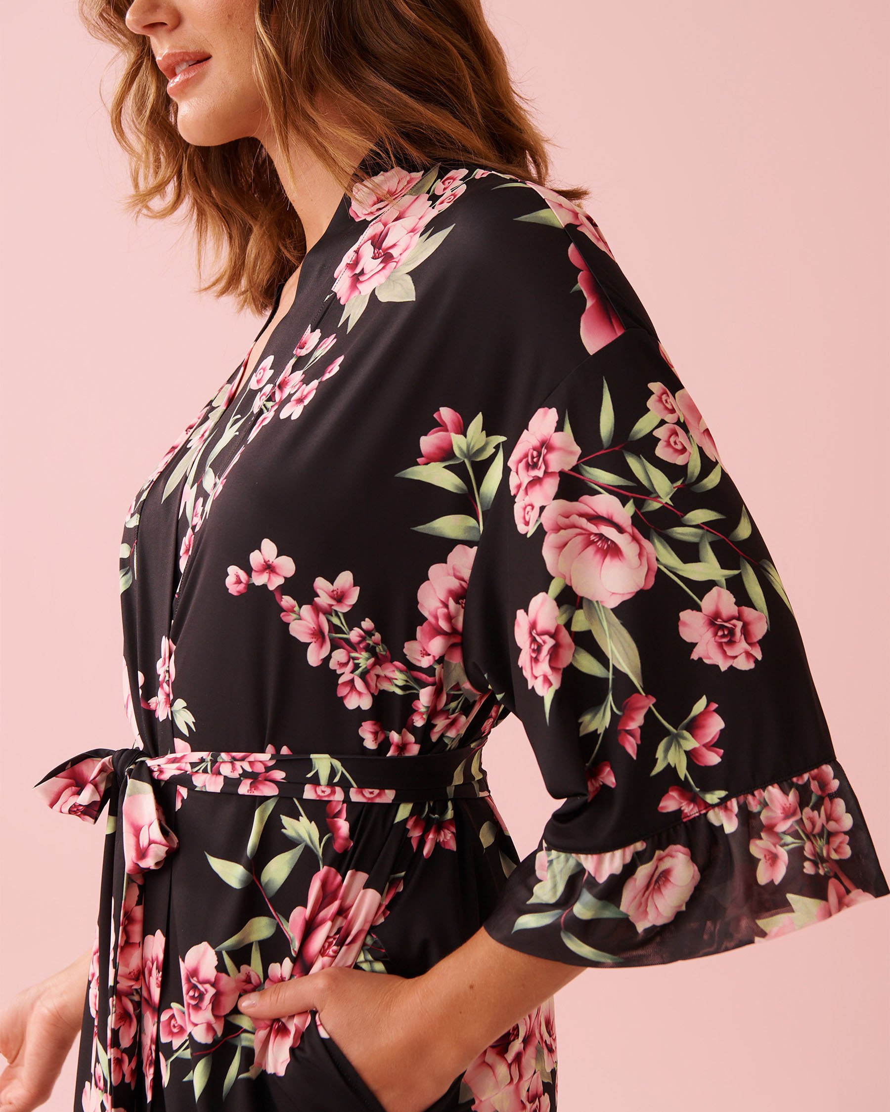 Peony Print Recycled Fibers Mesh Trim Kimono