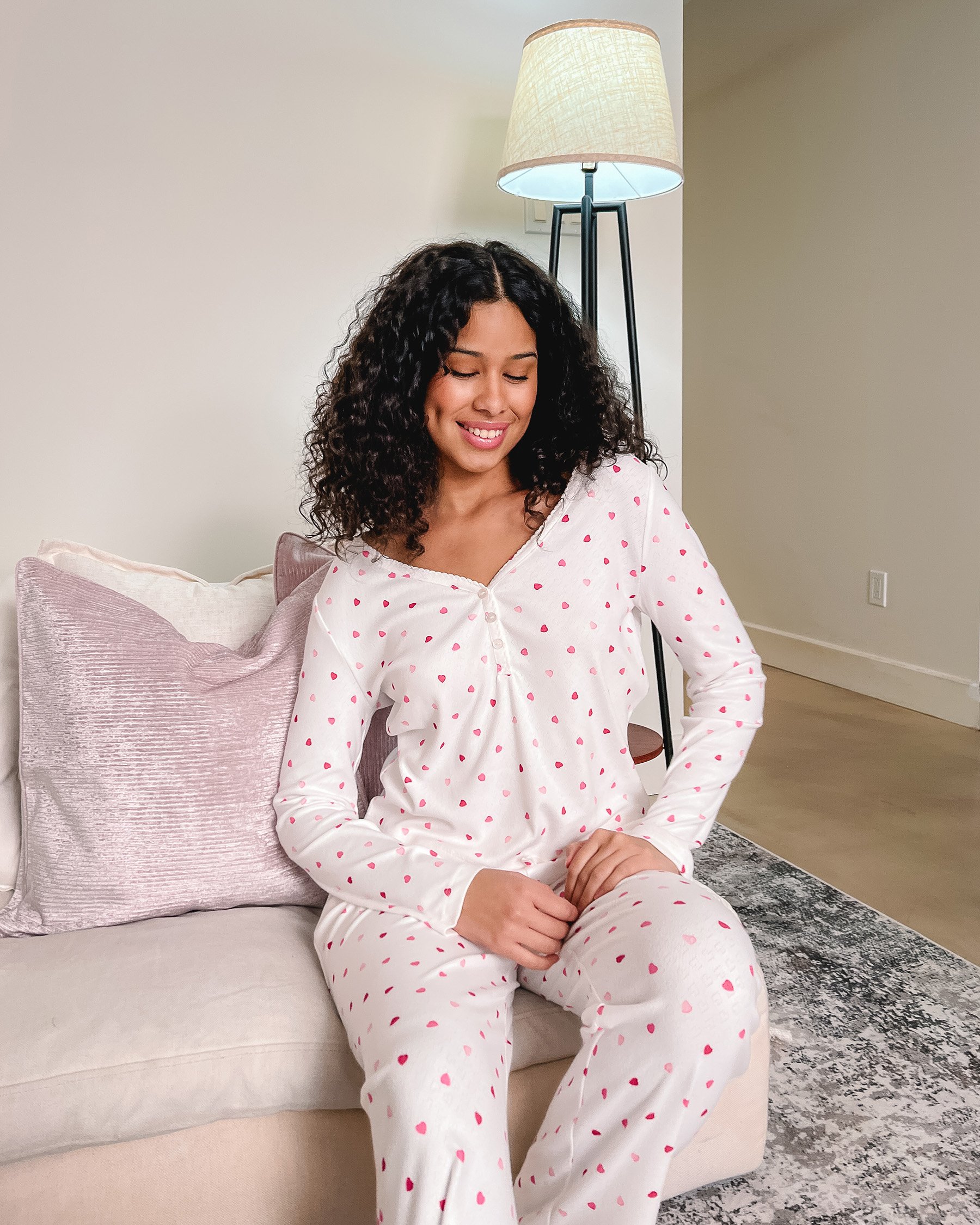 Heart Print Pointelle Long Sleeve Shirt