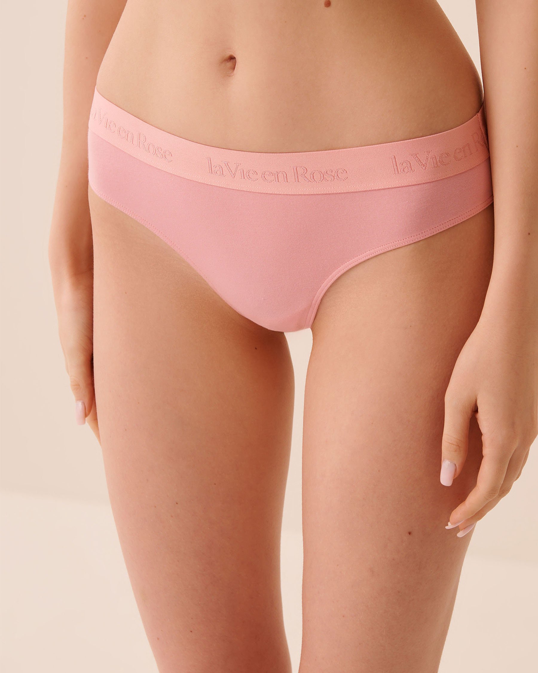 LA VIE EN ROSE Cotton and Logo Elastic Band Thong Panty Peachy Pink 20100733 - View1