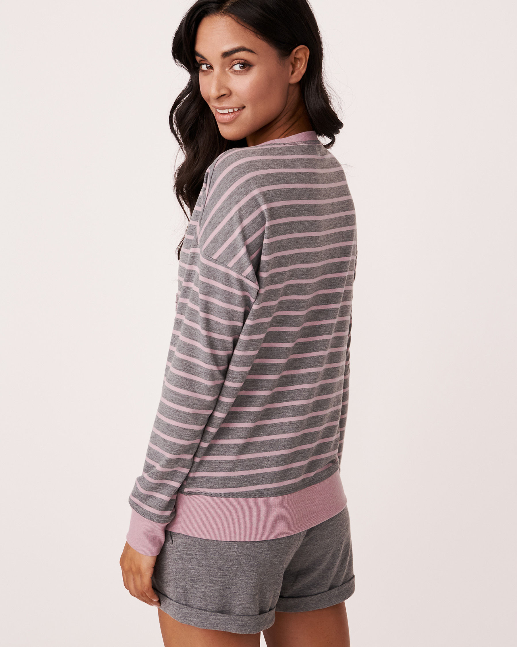 LA VIE EN ROSE Textured Long Sleeve Shirt Grey and pink mix 768-373-1-11 - View2