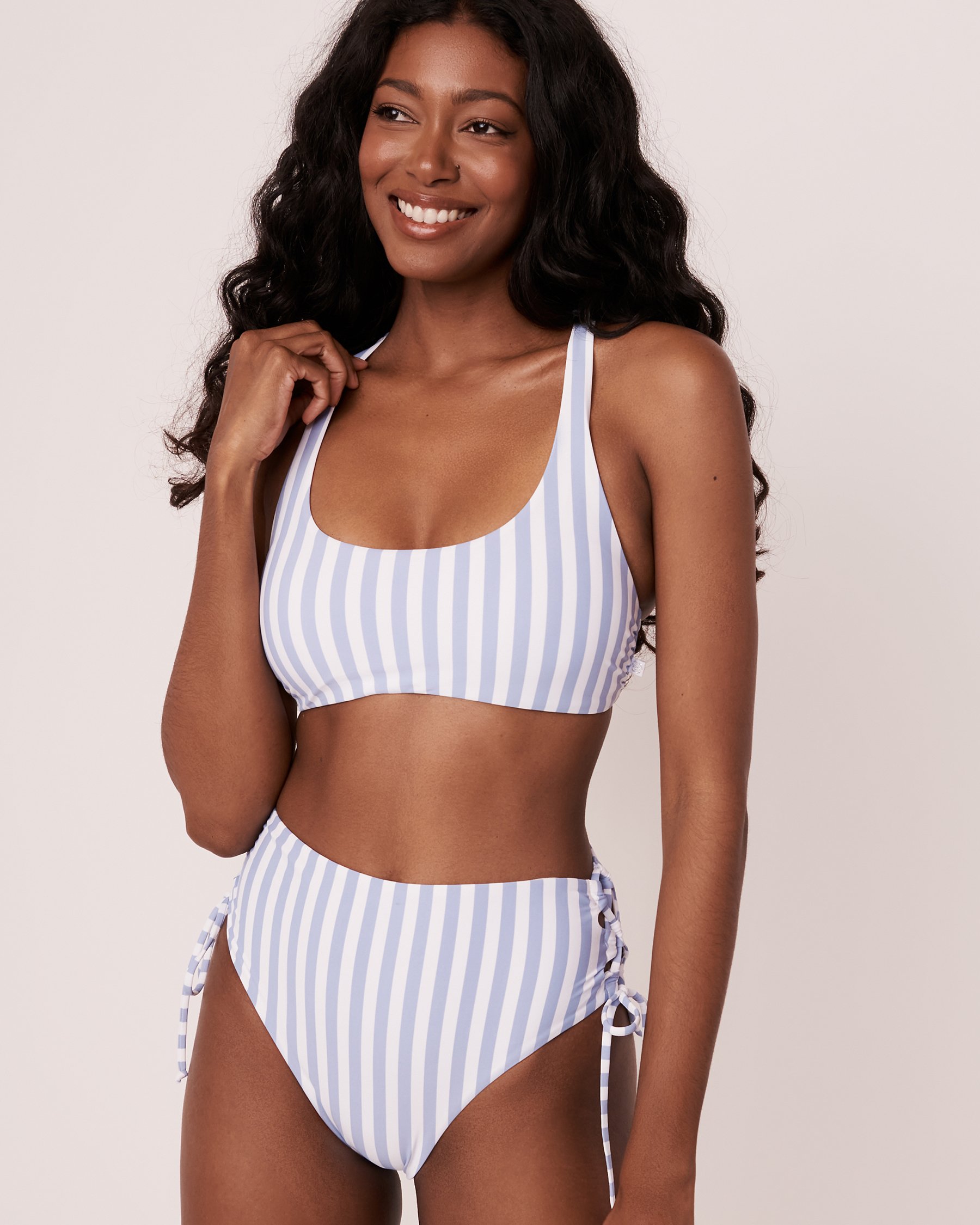 FOREVER BLUE Laced Back Bikini Top - Vertical nautical stripes