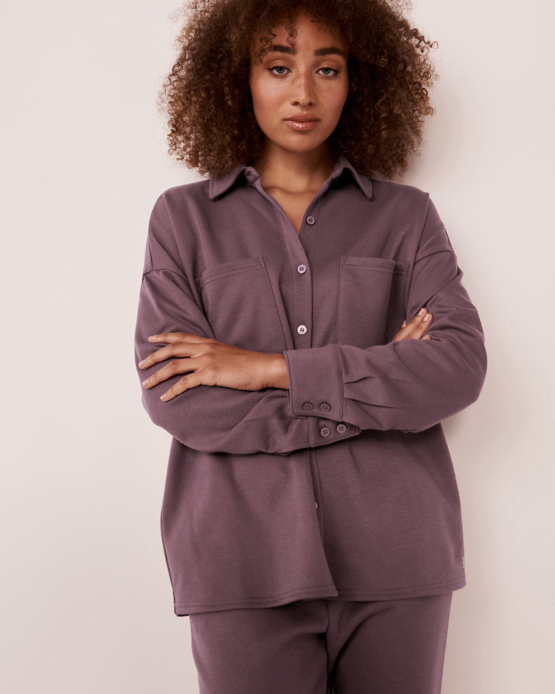 LA VIE EN ROSE Fleece Button-down Shirt Dark plum 50100042 - View1