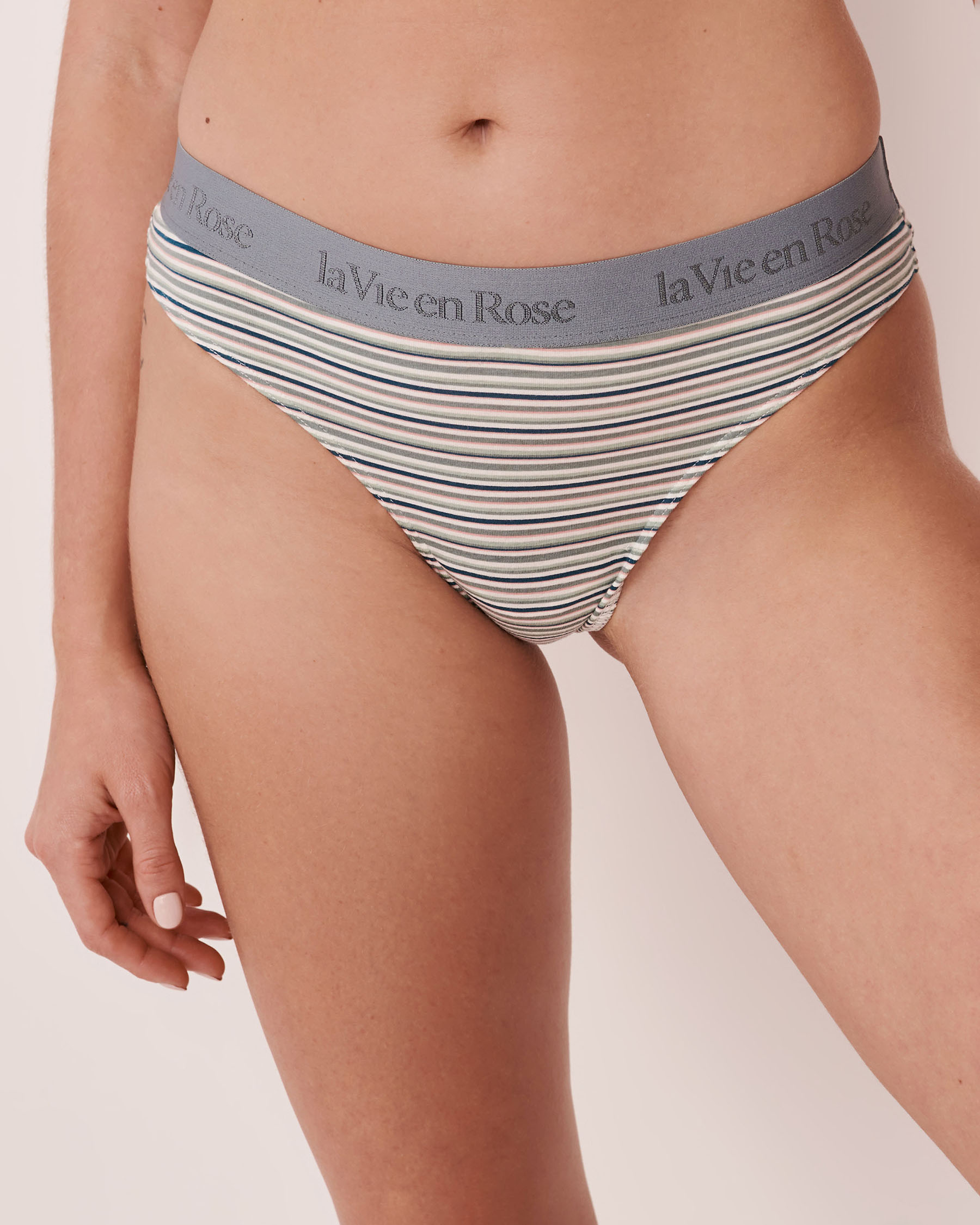 LA VIE EN ROSE Cotton and Logo Elastic Band Thong Panty Stripes 20100212 - View1