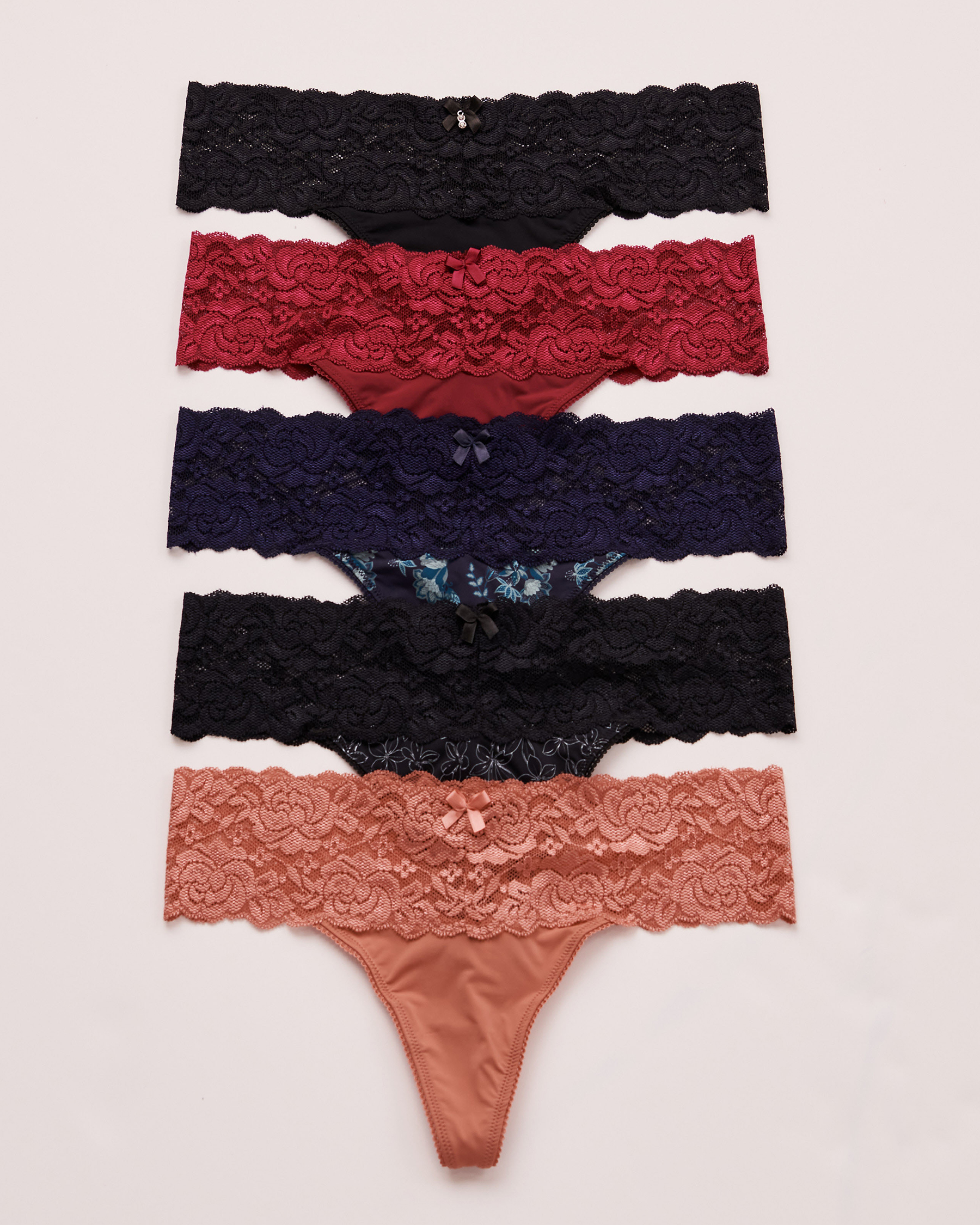 LA VIE EN ROSE 5-Pack Microfiber and Wide Lace Band Thong Panty Multicolor 20200236-5P - View1