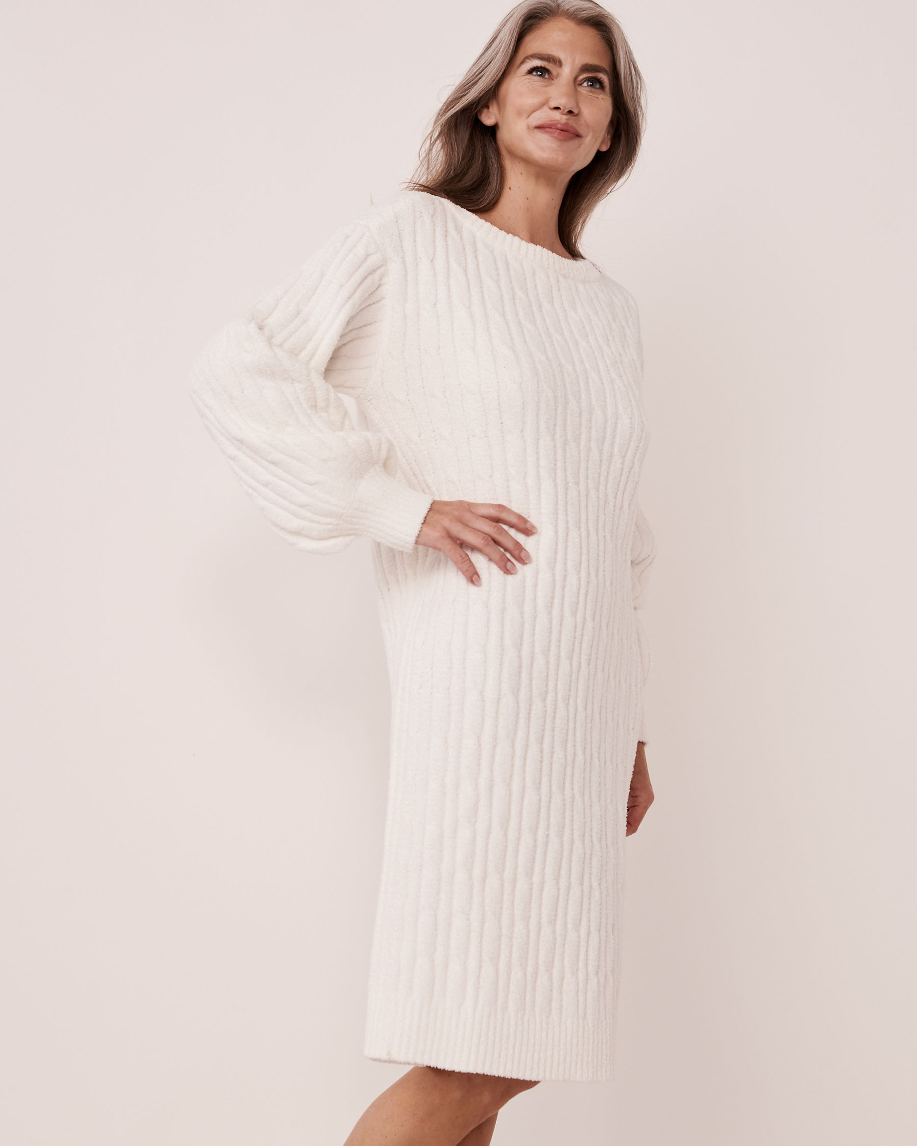 LA VIE EN ROSE Cable-knit Chenille Long Sleeve Dress Snow white 50400030 - View1