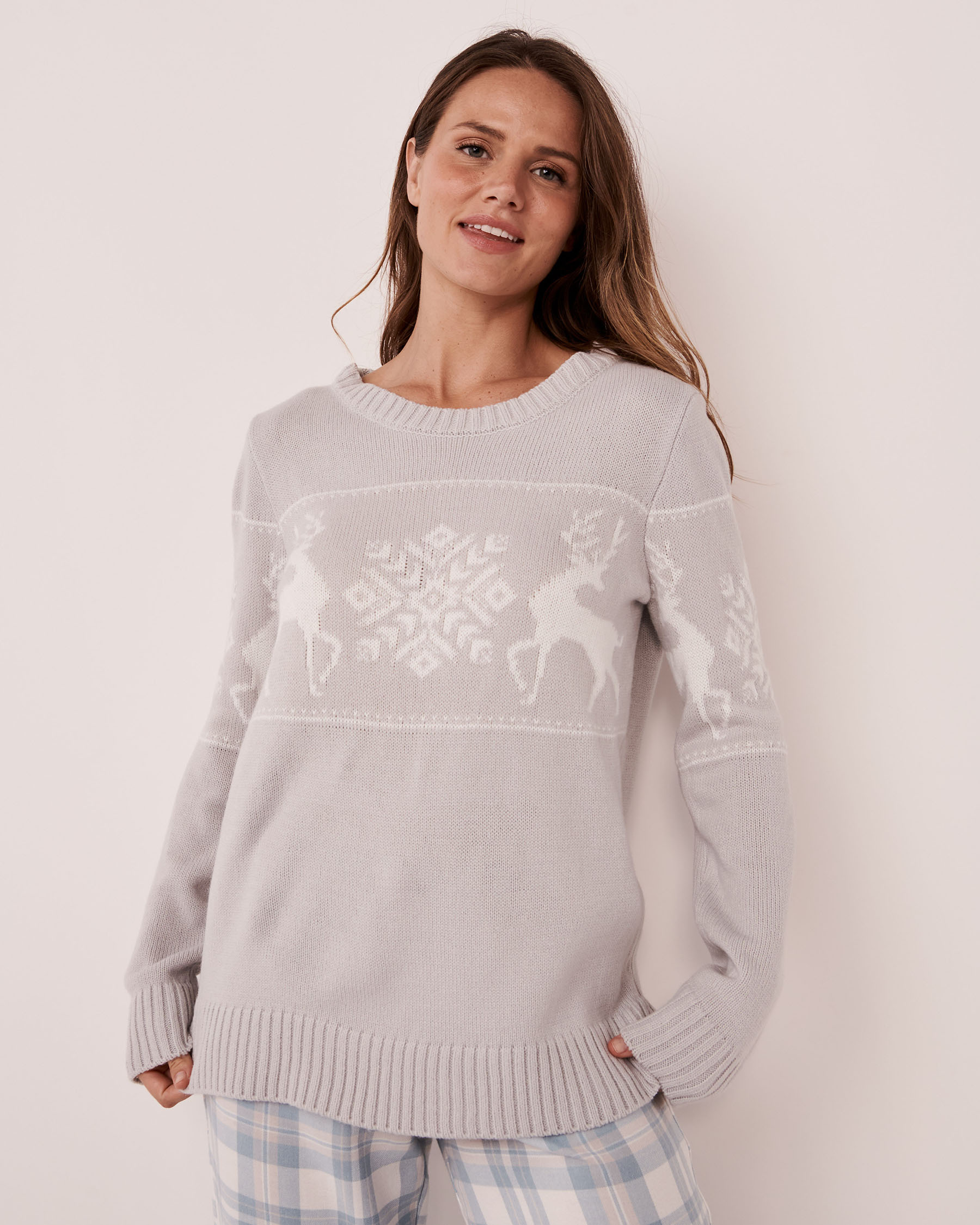 LA VIE EN ROSE Chandail en tricot imprimé nordique Cerfs festifs gris 40600115 - Voir1
