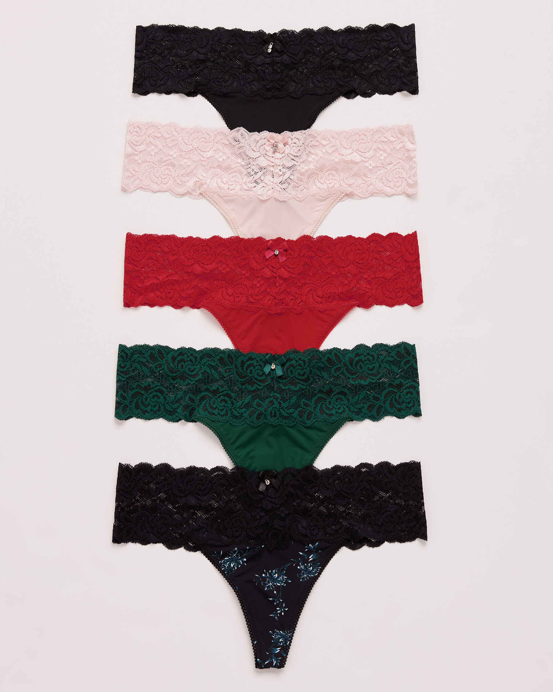 LA VIE EN ROSE 5-Pack Microfiber and Wide Lace Band Thong Panties Multicolor 20200261-5P - View1