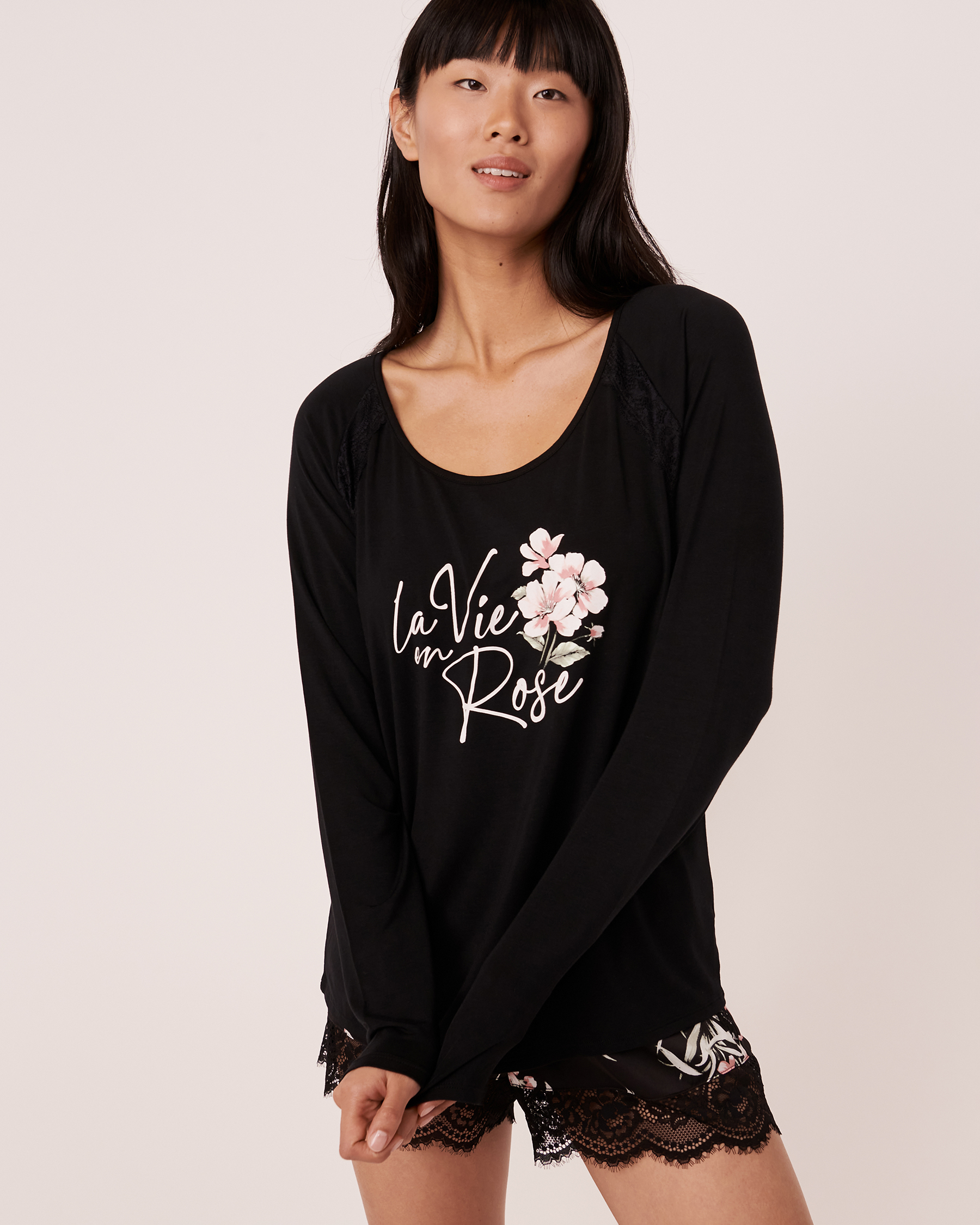 LA VIE EN ROSE Modal Long Sleeve Shirt Black 40100208 - View1