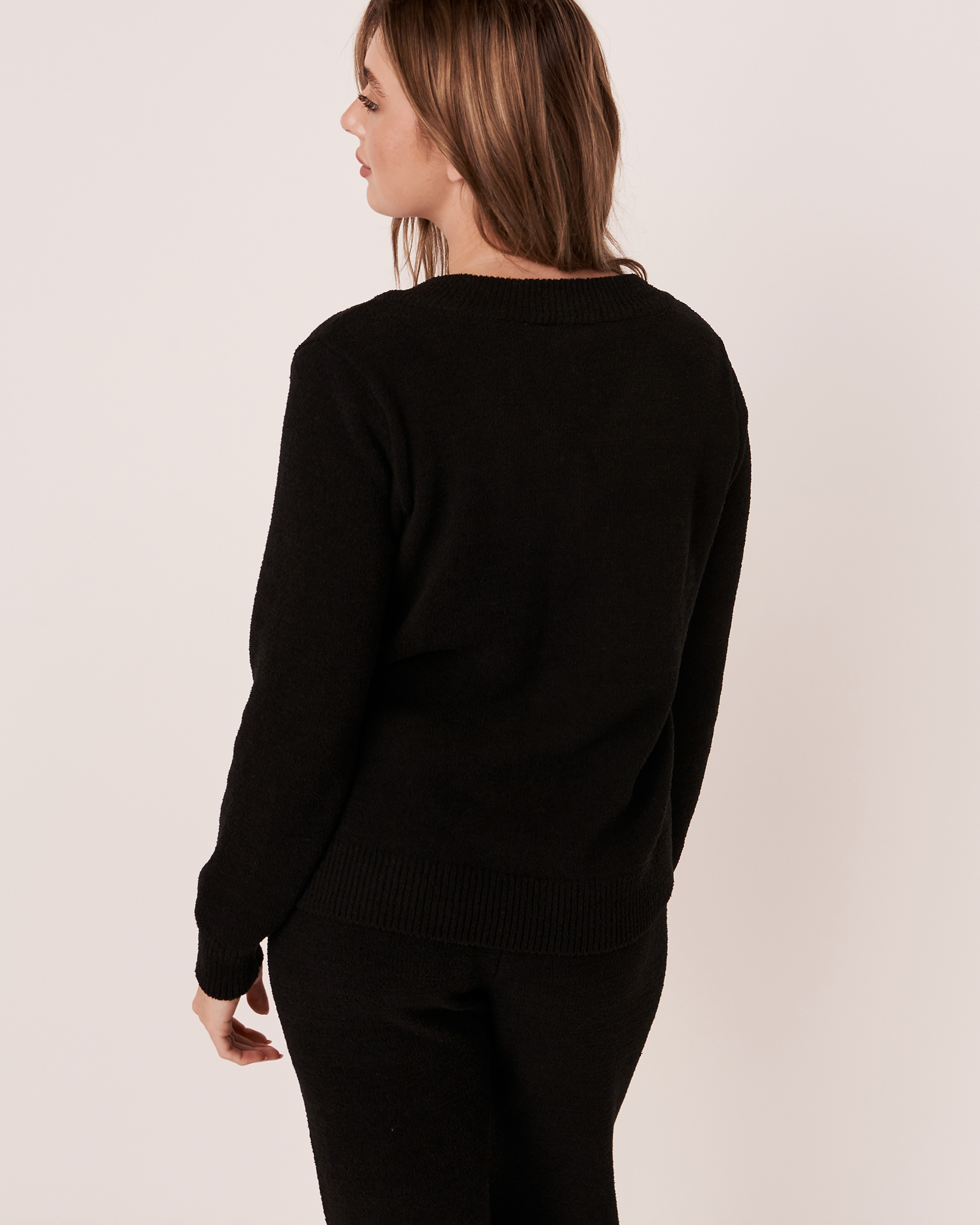 LA VIE EN ROSE Chenille Varsity Neckline Long Sleeve Shirt Black 50100027 - View4