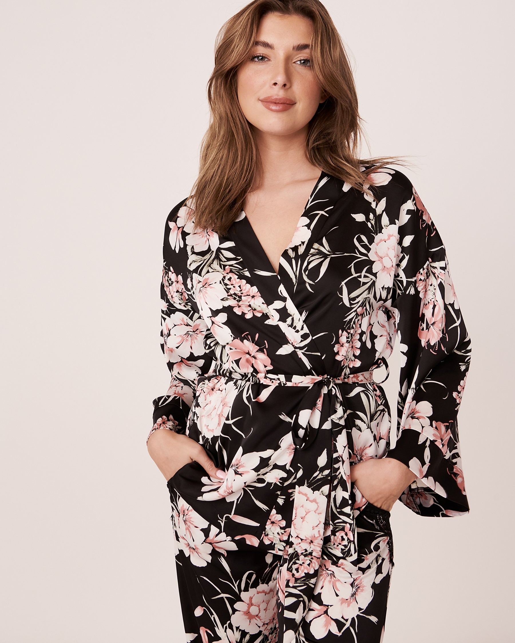 LA VIE EN ROSE Satin Wrap Over Long Sleeve Shirt Dark floral 60100011 - View1