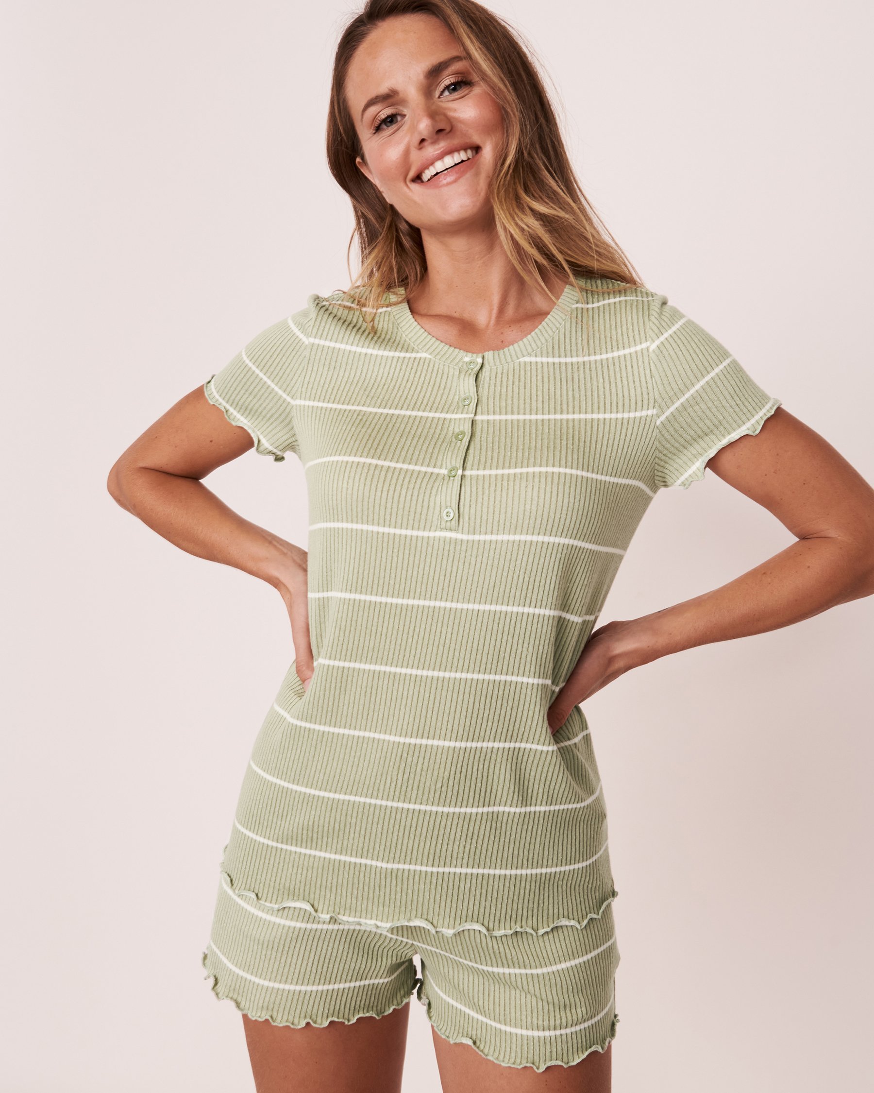 LA VIE EN ROSE Soft Ribbed Knit Henley T-shirt Sage stripes 40100209 - View1