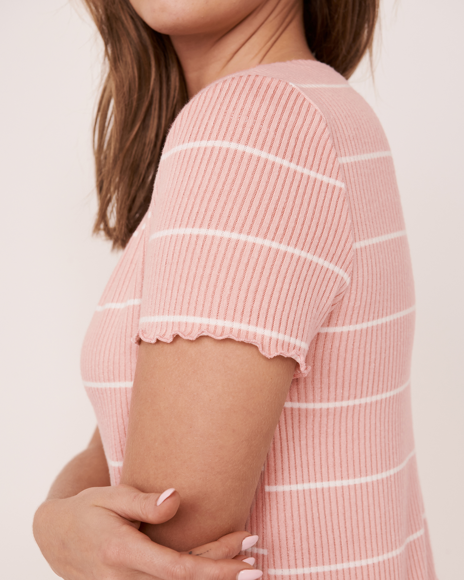 LA VIE EN ROSE Soft Ribbed Knit Henley T-shirt Peach stripes 40100209 - View3
